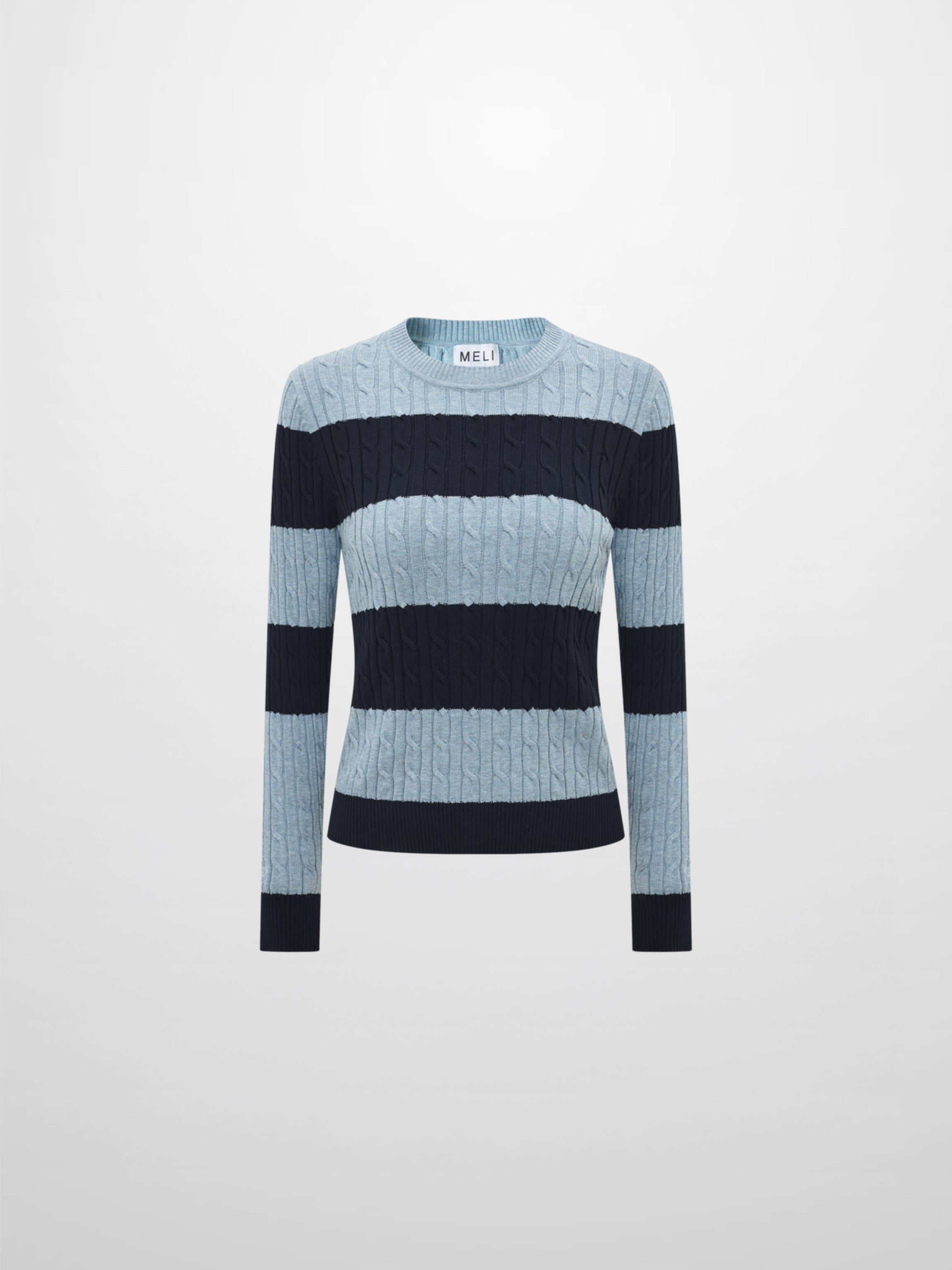 Wide Stripe Cable Knit Sweater - Navy/Heathered Blue