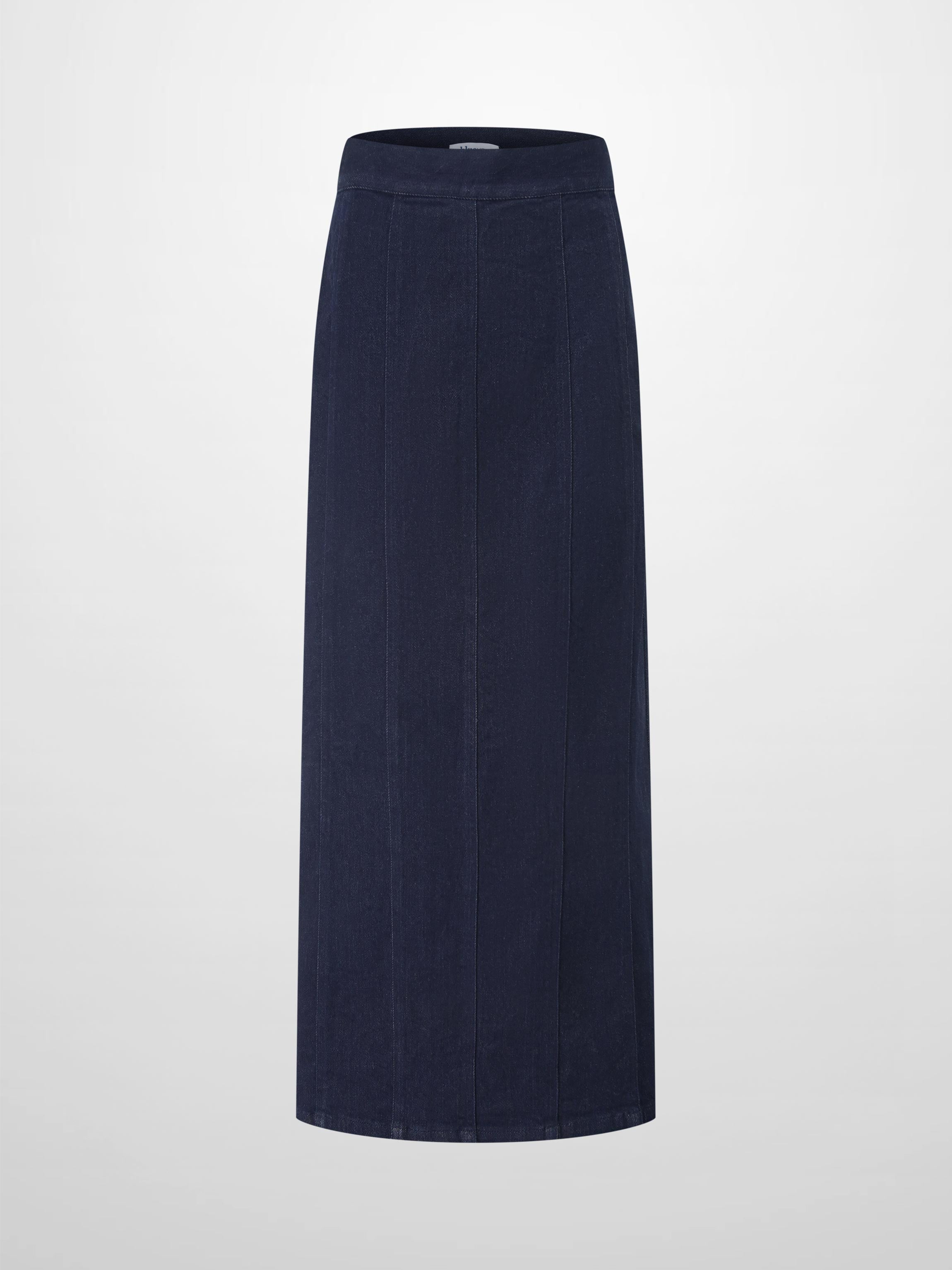 Seamed Straight Stretch Denim Skirt-Dark Blue
