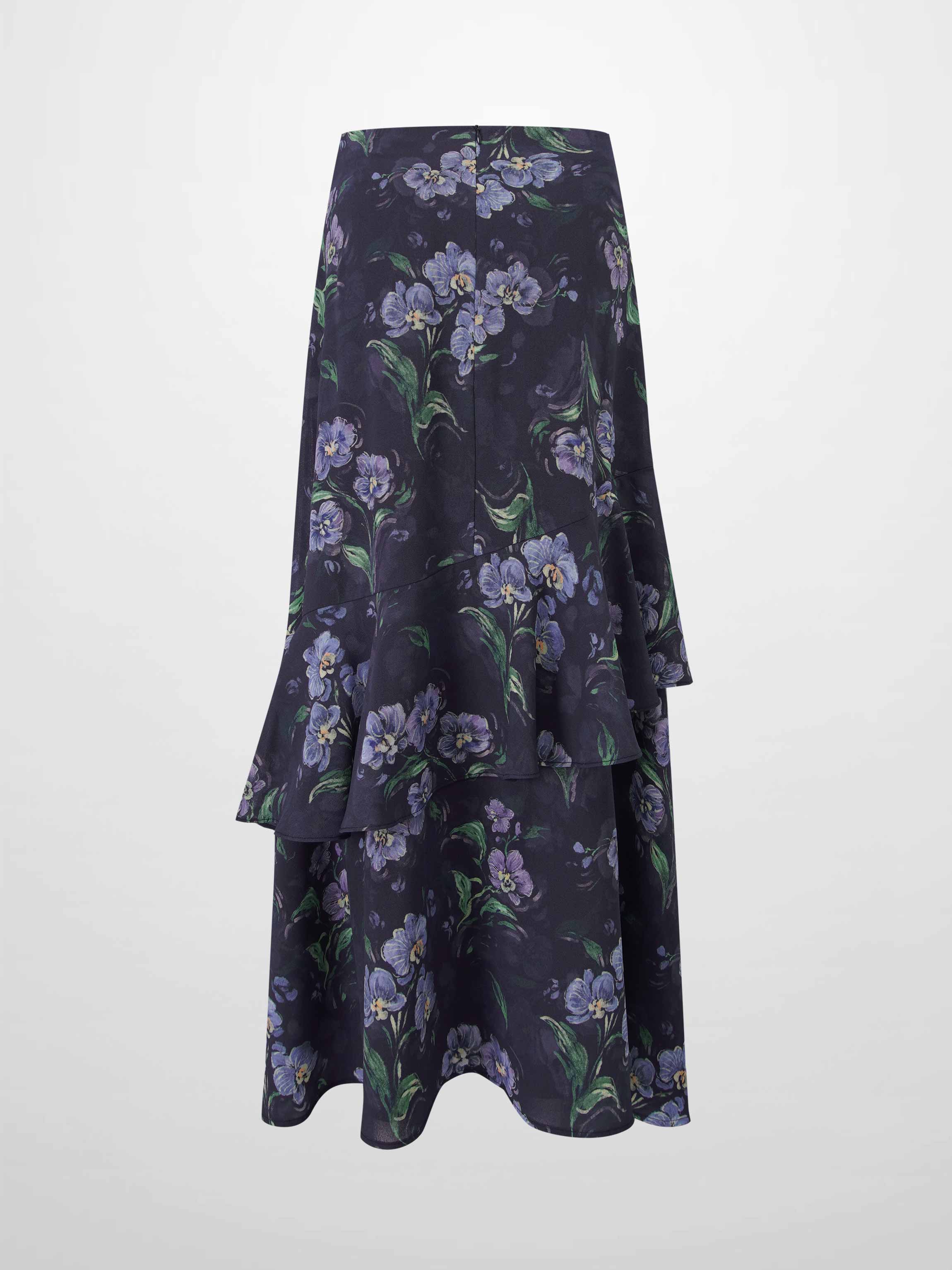 Asymmetrical Ruffle Skirt-Blue Floral
