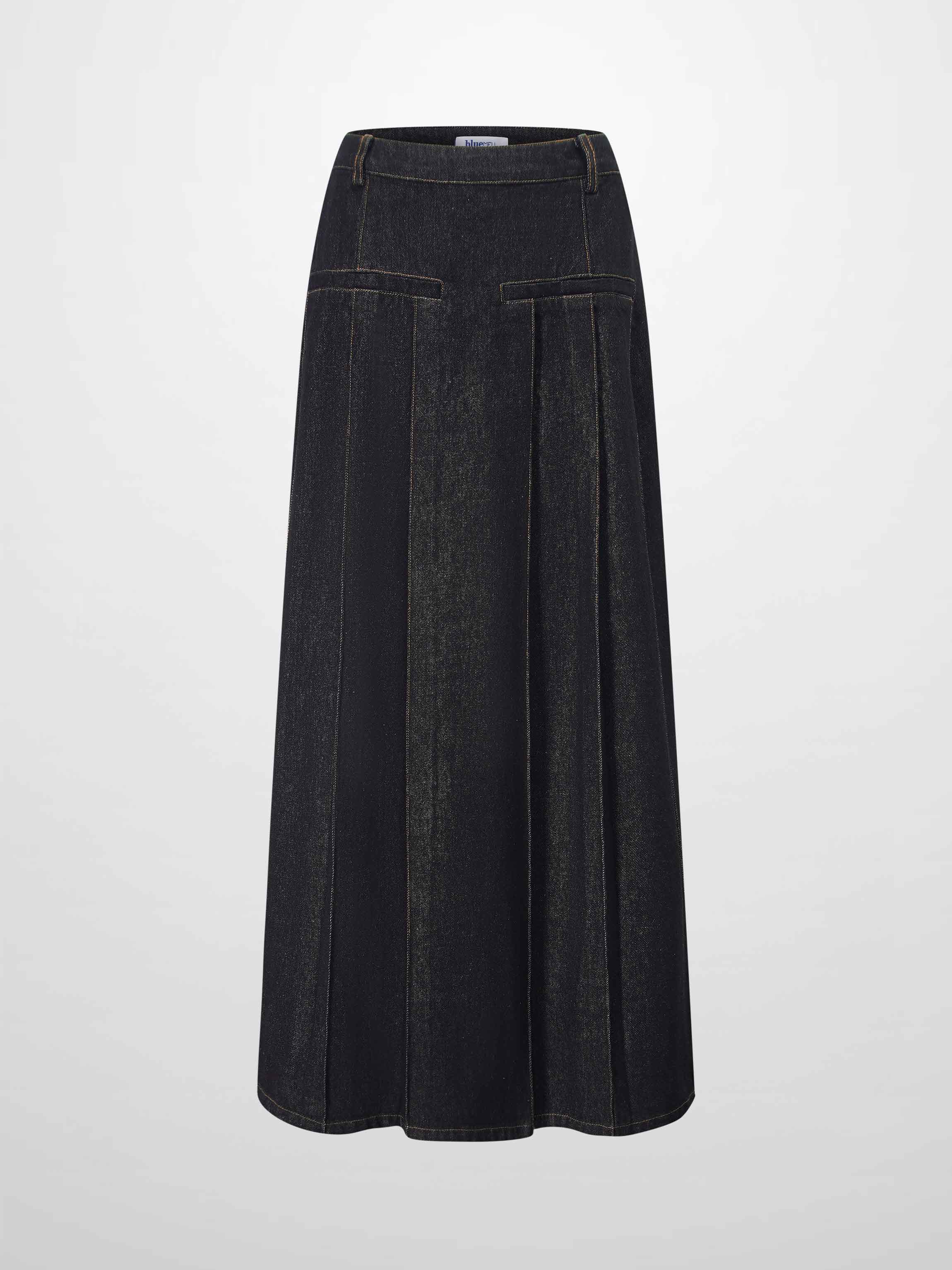 Pleat Pocket Tab Denim Skirt-Black