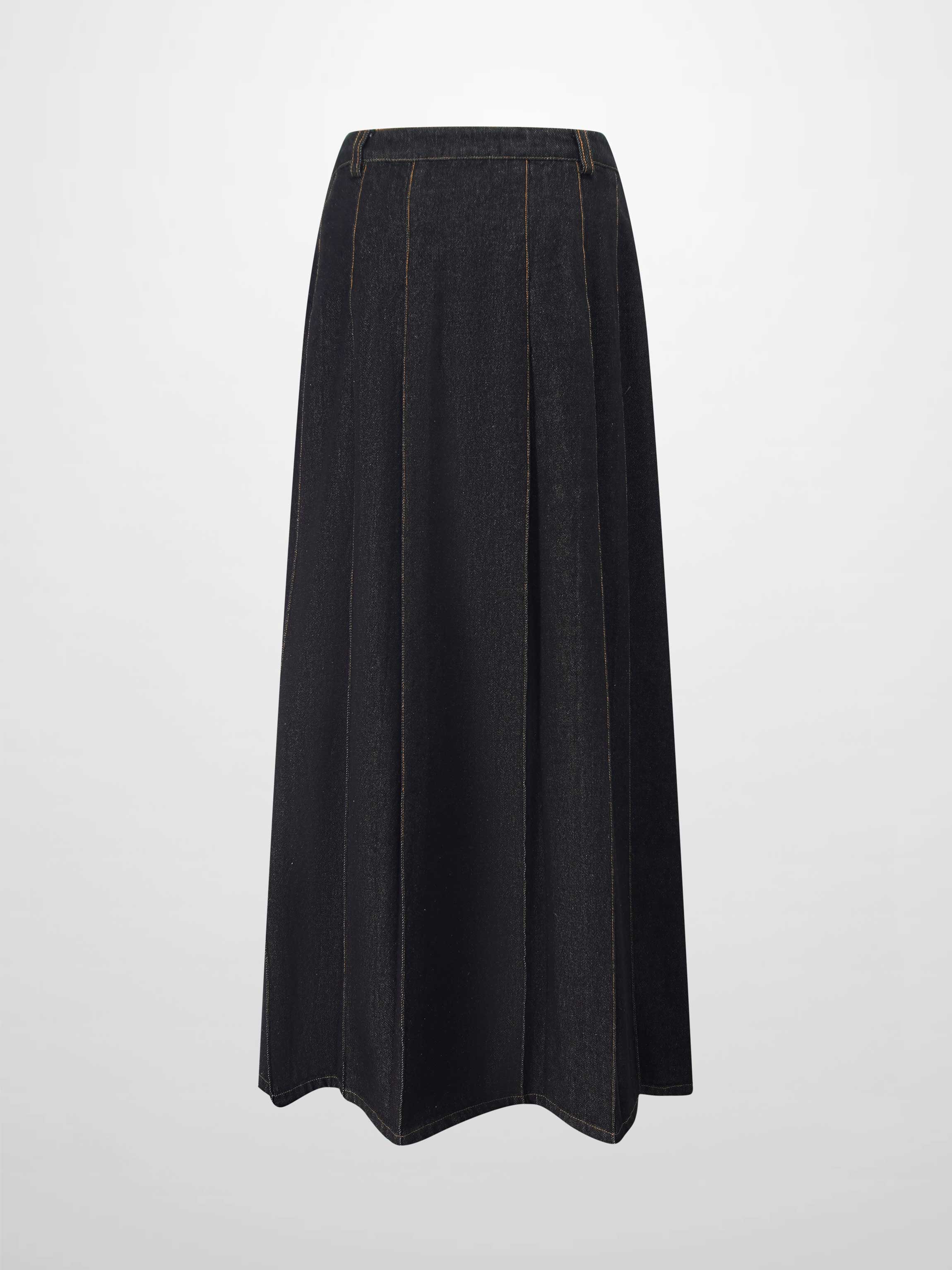 Pleat Pocket Tab Denim Skirt-Black