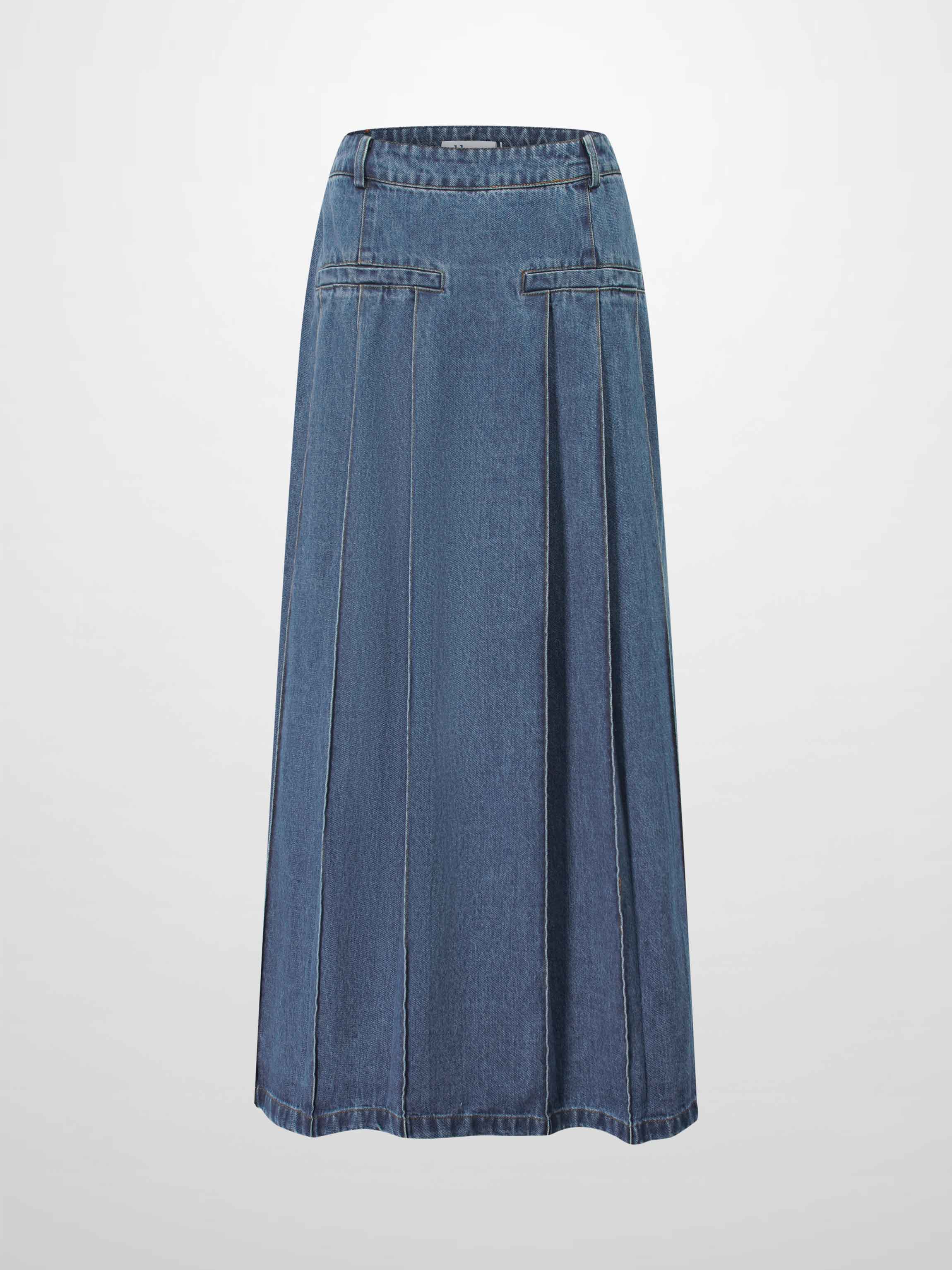 Pleat Pocket Tab Denim Skirt-Blue