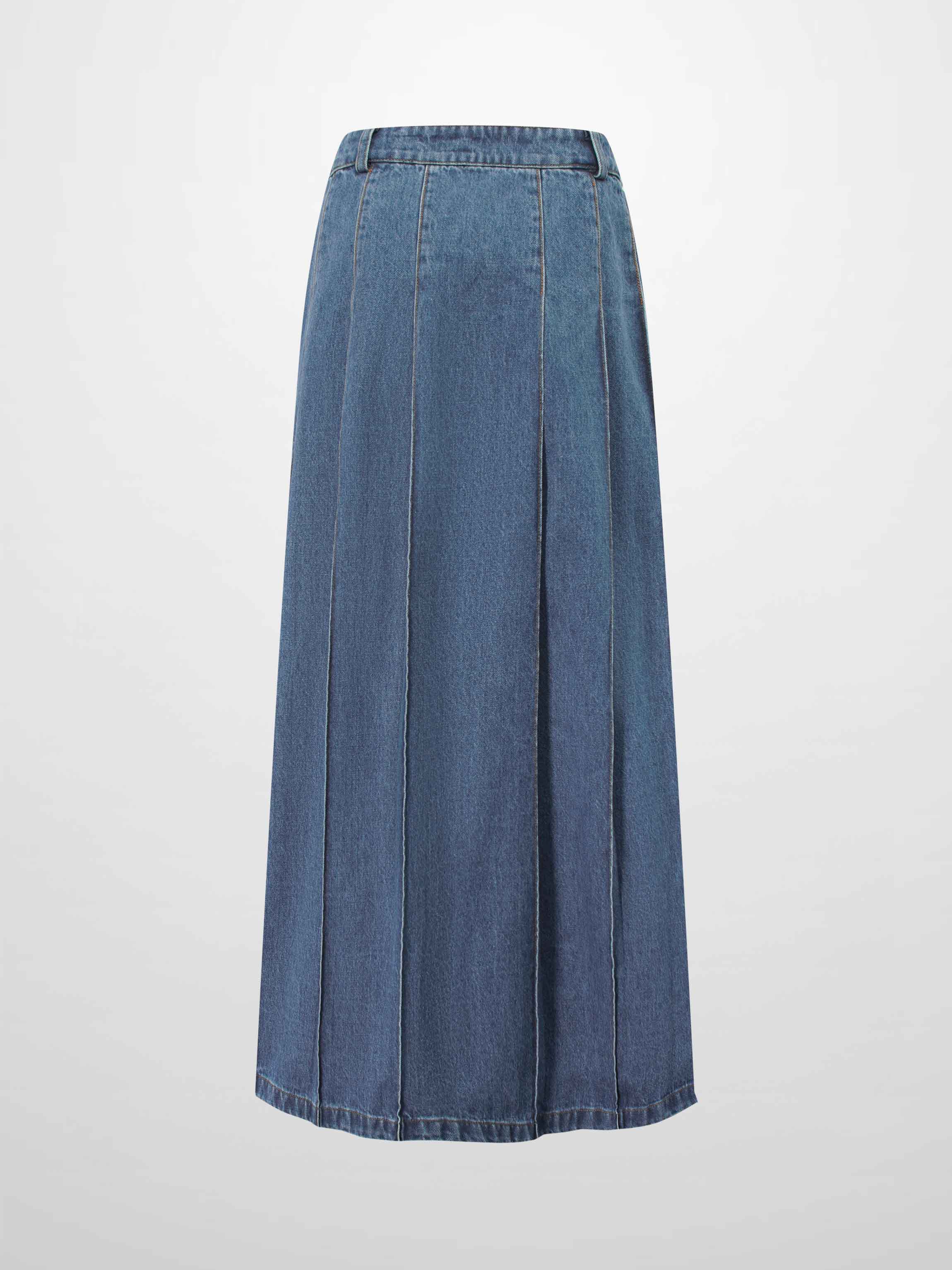 Pleat Pocket Tab Denim Skirt-Blue