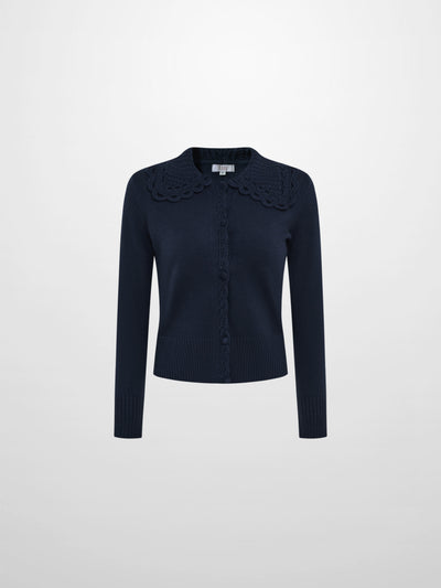 Scalloped Crochet Collar Cardigan - Navy