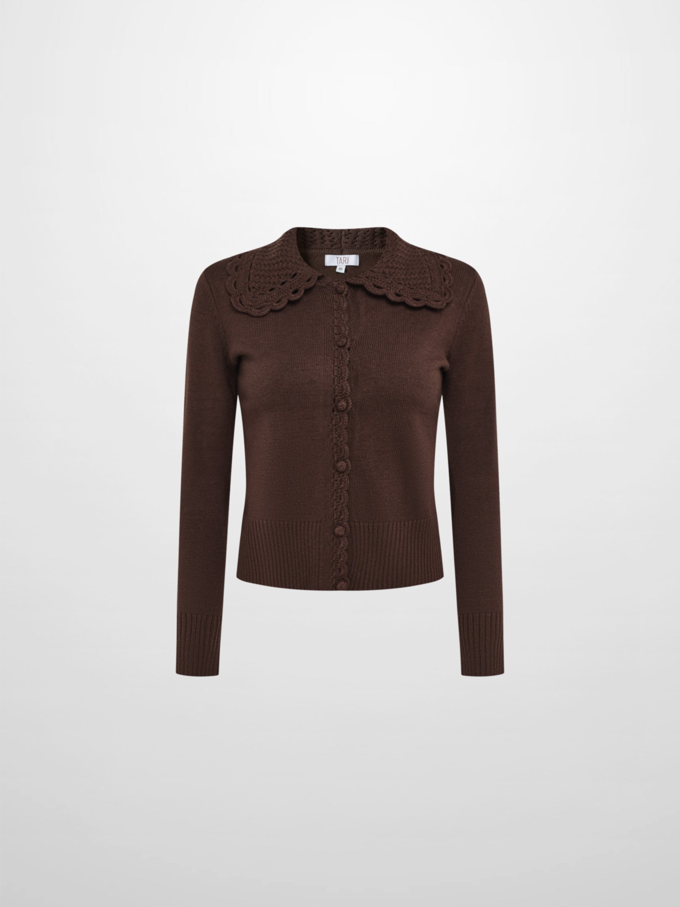Scalloped Crochet Collar Cardigan - Brown