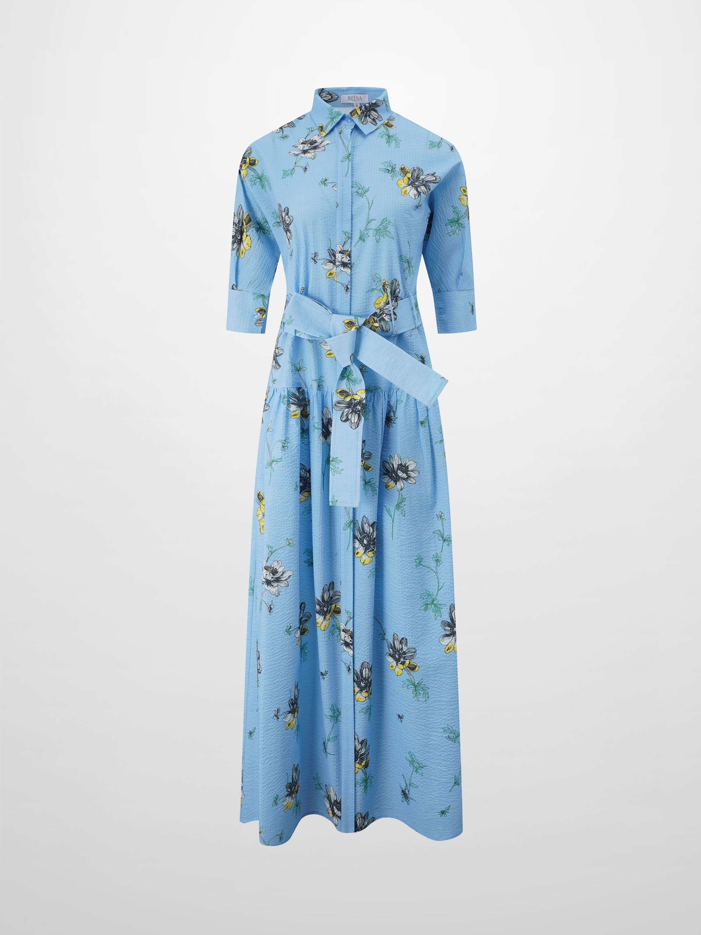Yoke Gathered Belted Shirtdress-Yellow Pop Flower
