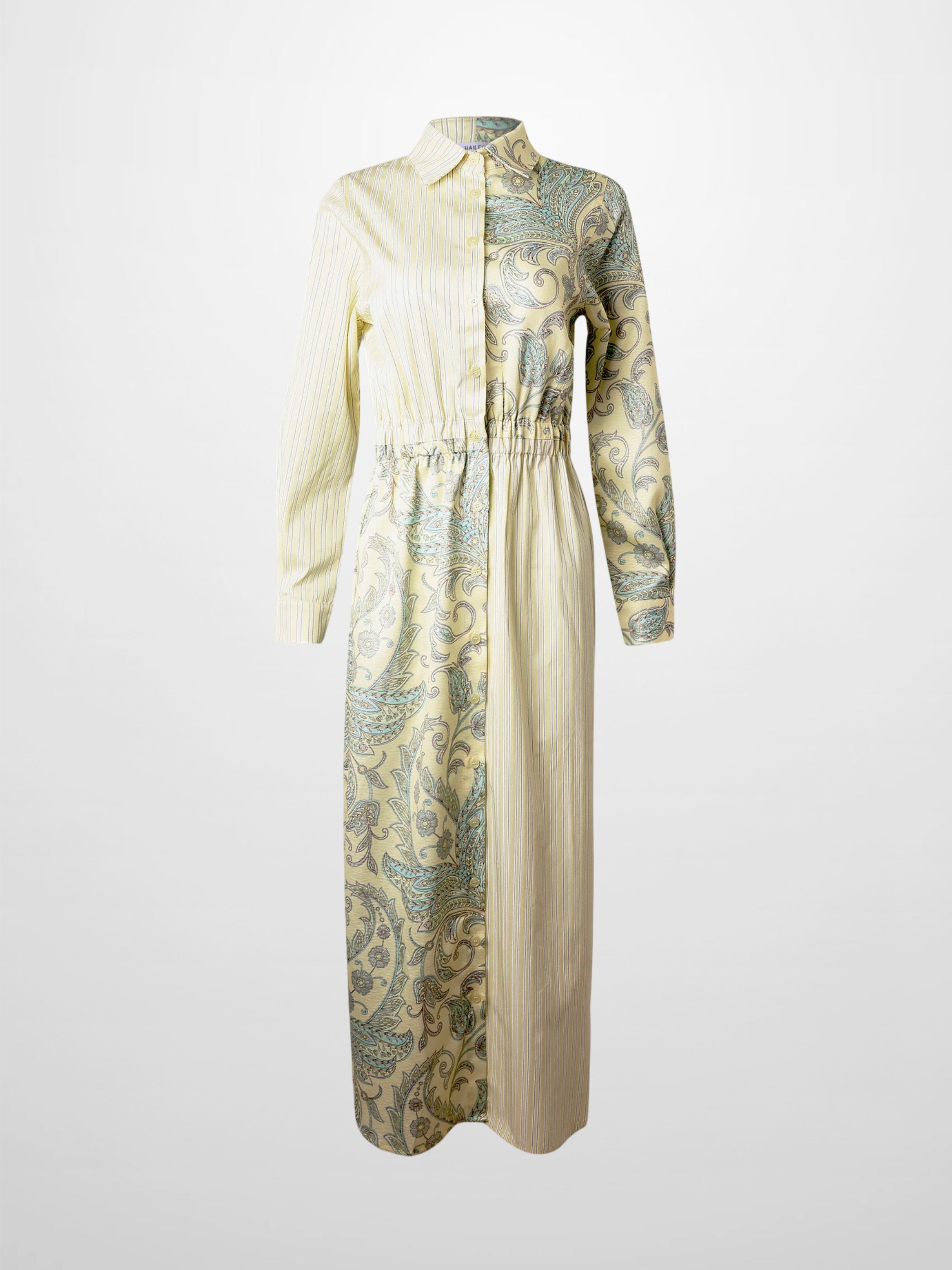 Elastic Waist Shirtdress-Mixed Floral and Stripe