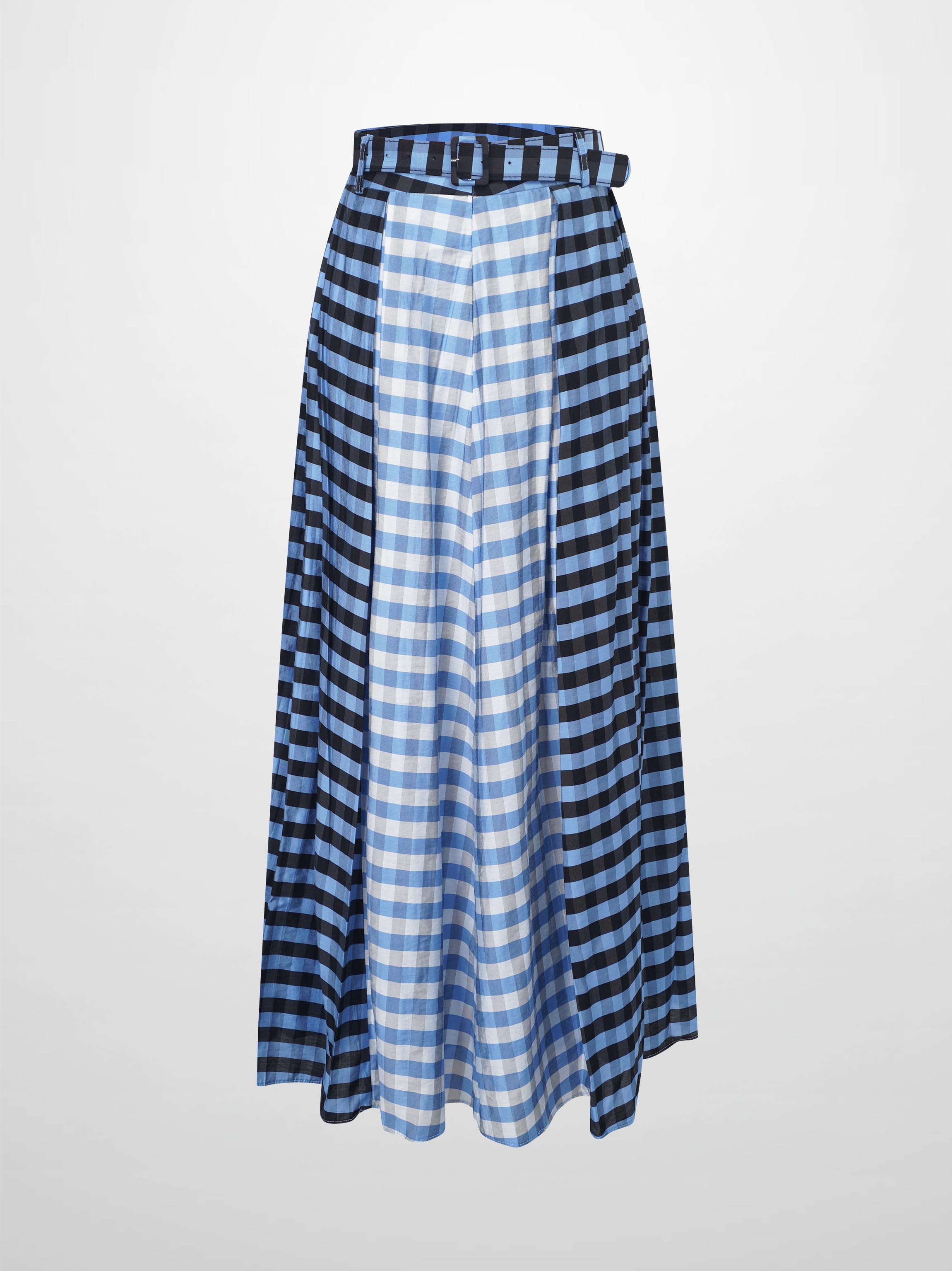 Gingham Two Color Box Pleat Skirt-Blue