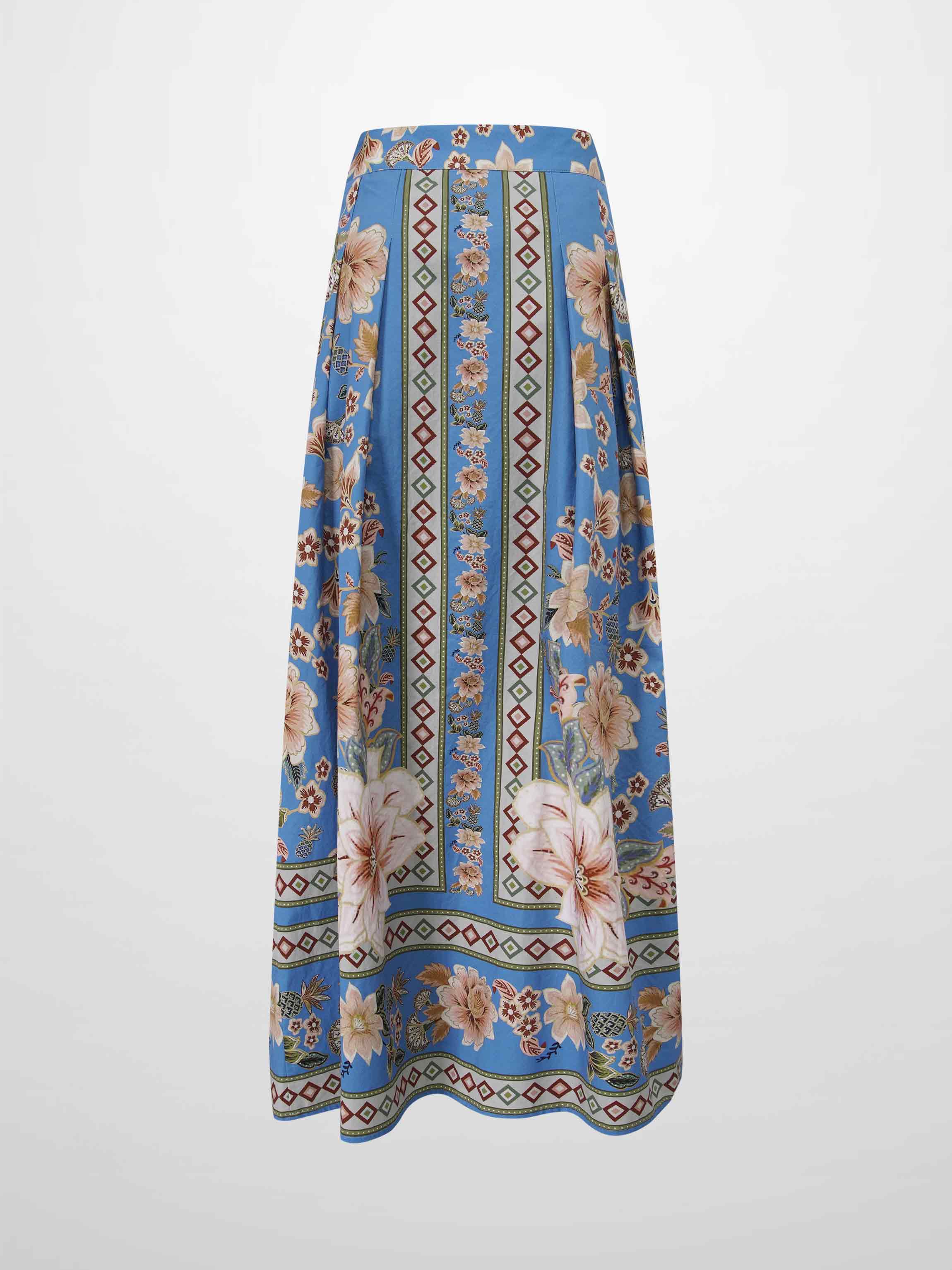 Printed Cotton Pleat Skirt-Light Blue/Peach