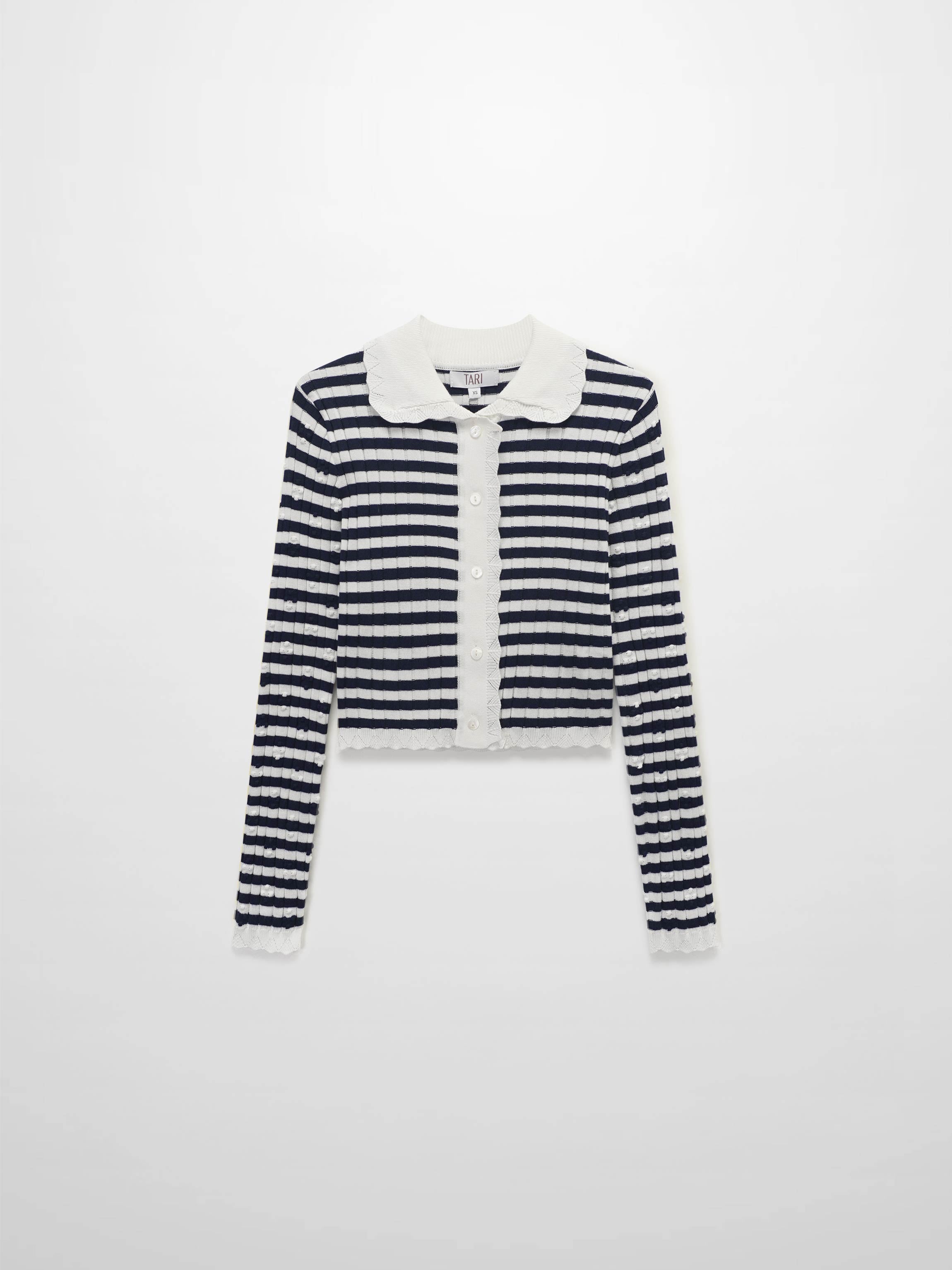 Striped Scalloped Edge Cardigan-Navy/White
