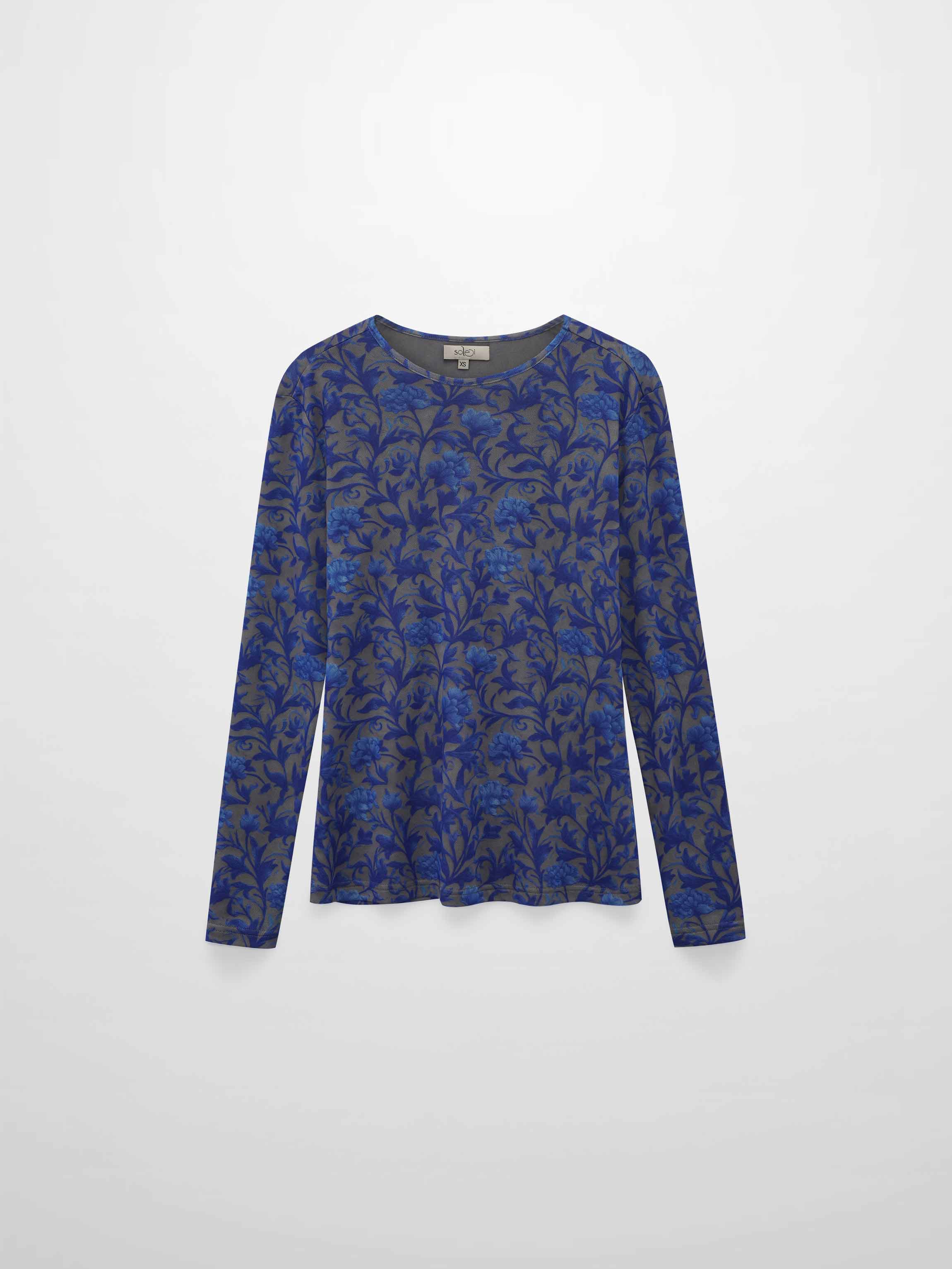 Mesh Crew Neck Print Top-Blue/Grey Vines