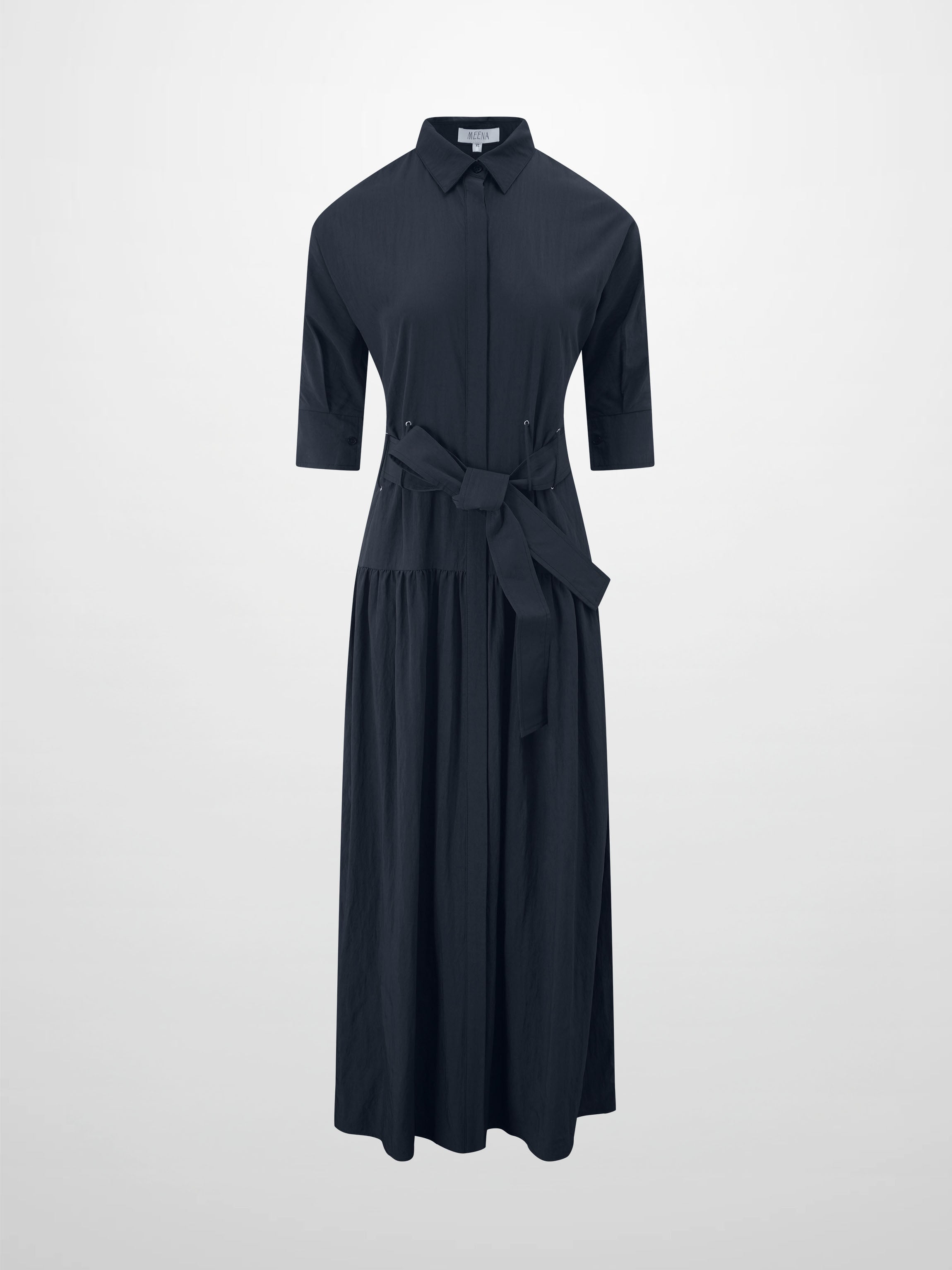 Cotton Yoke Gathered Dress-Navy