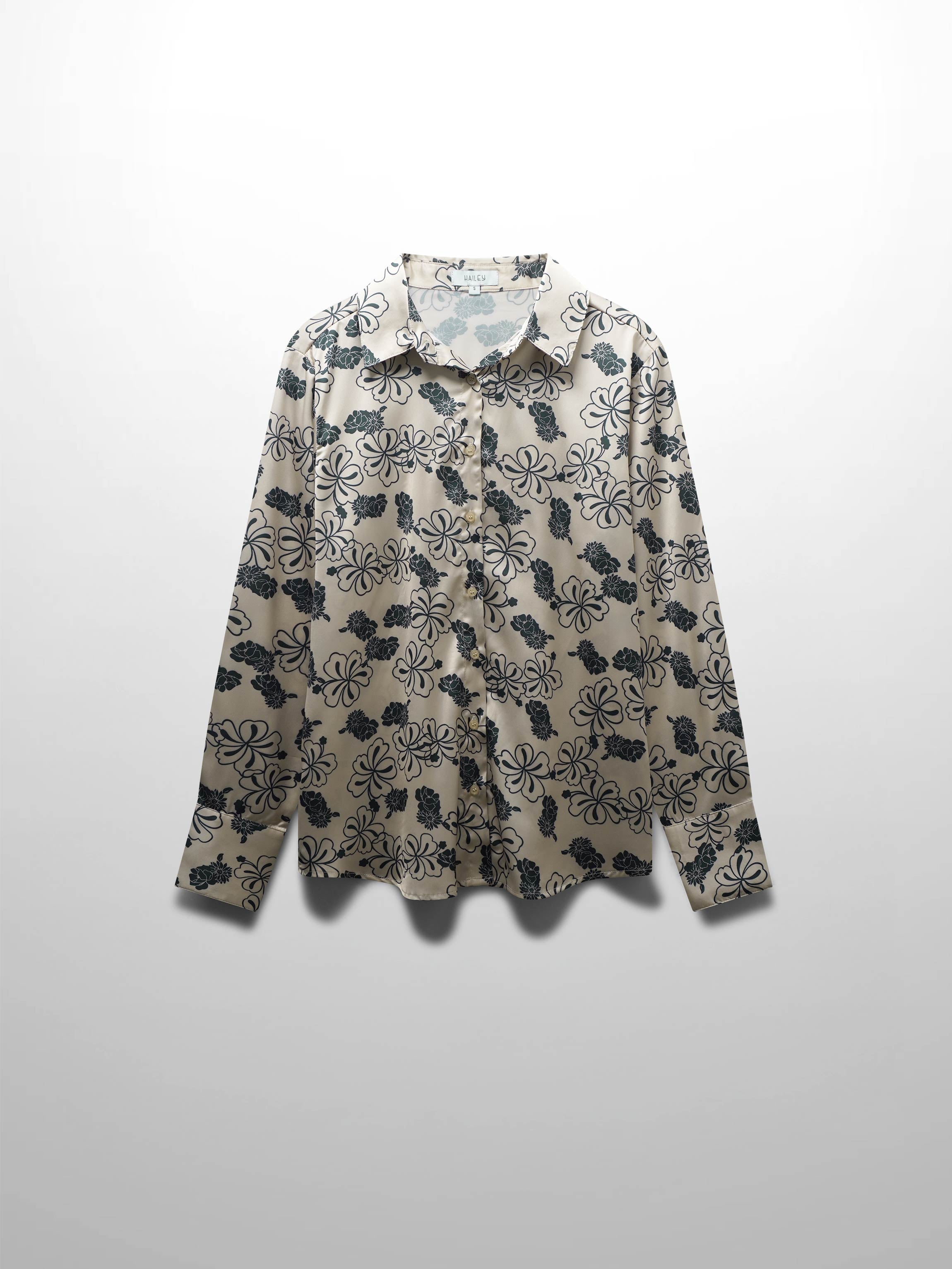 Oversized Faux Satin Blouse-Navy/Taupe Floral