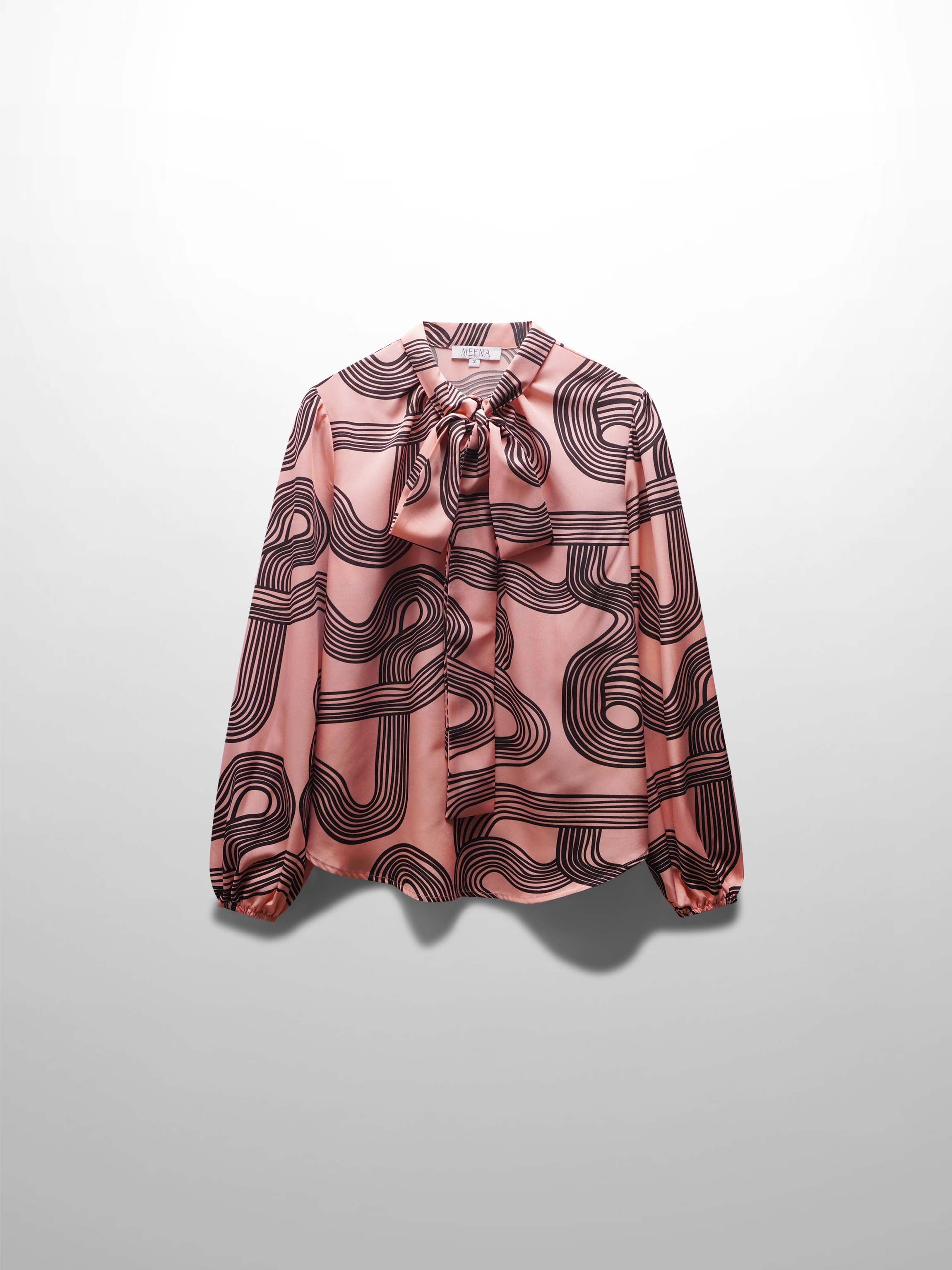 Front Placket Bow Blouse-Black Swirl