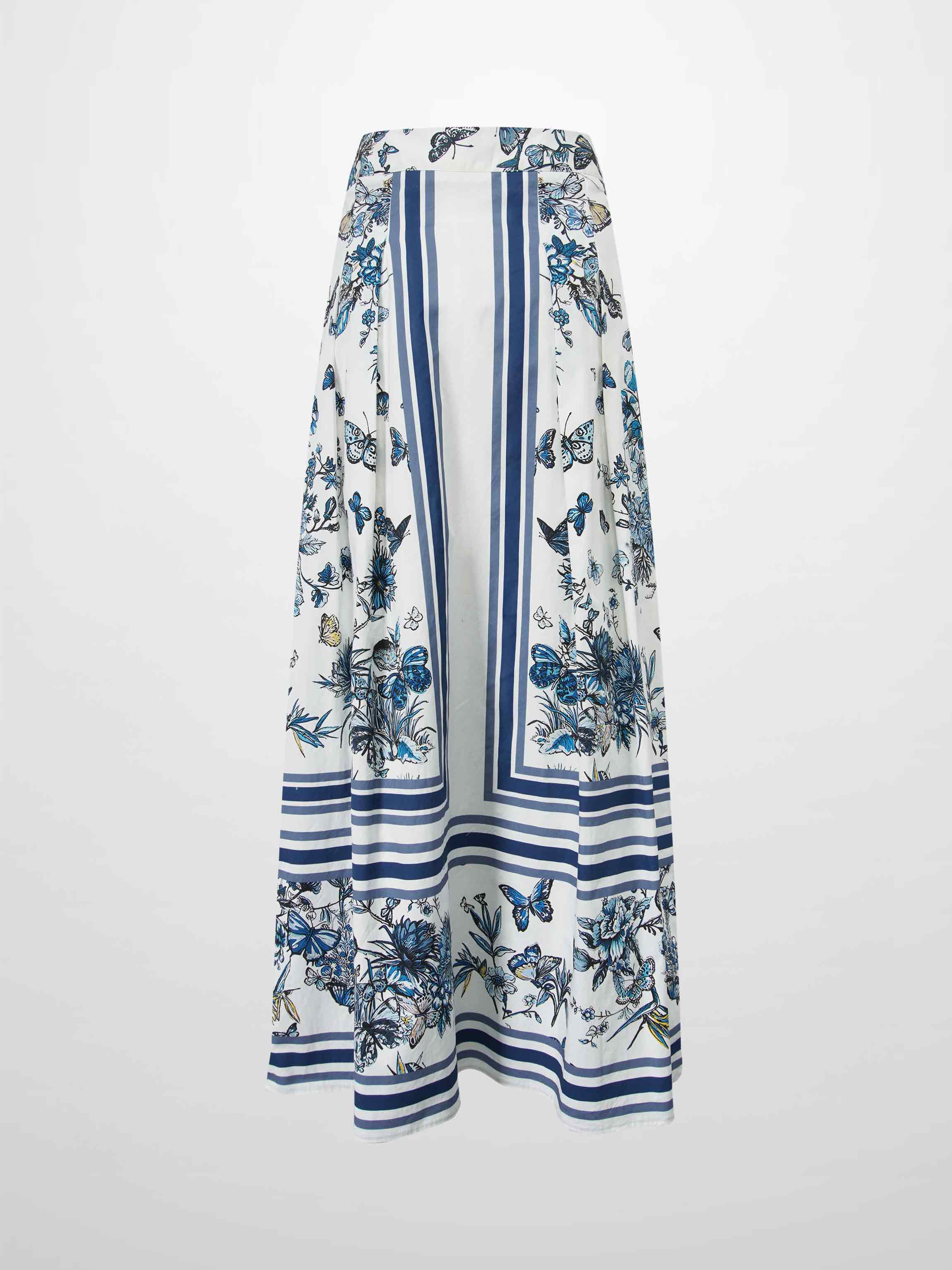 Printed Cotton Pleat Skirt-Navy/White