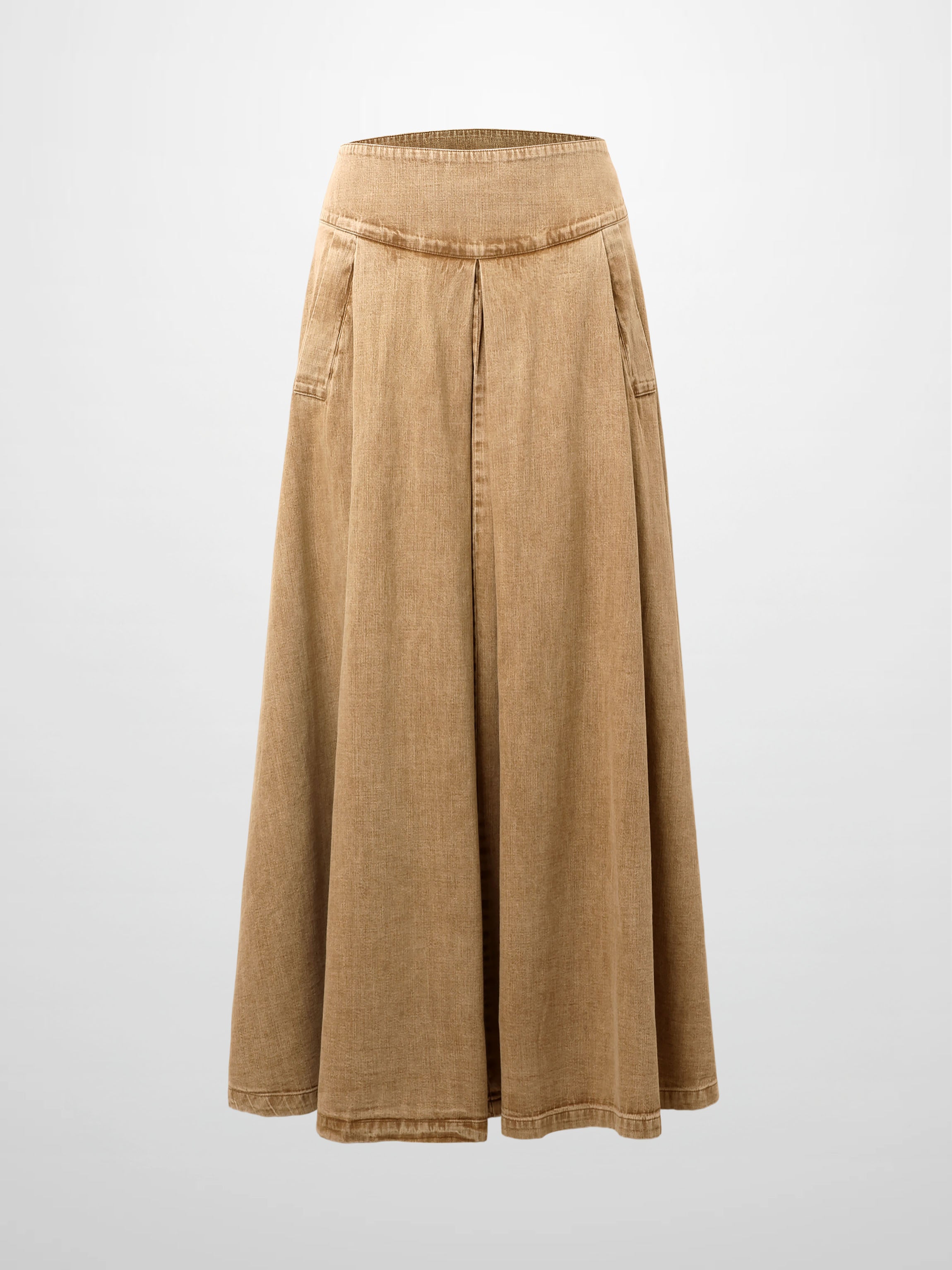 Inverted Yoke Pleat Denim Skirt-Light Tan