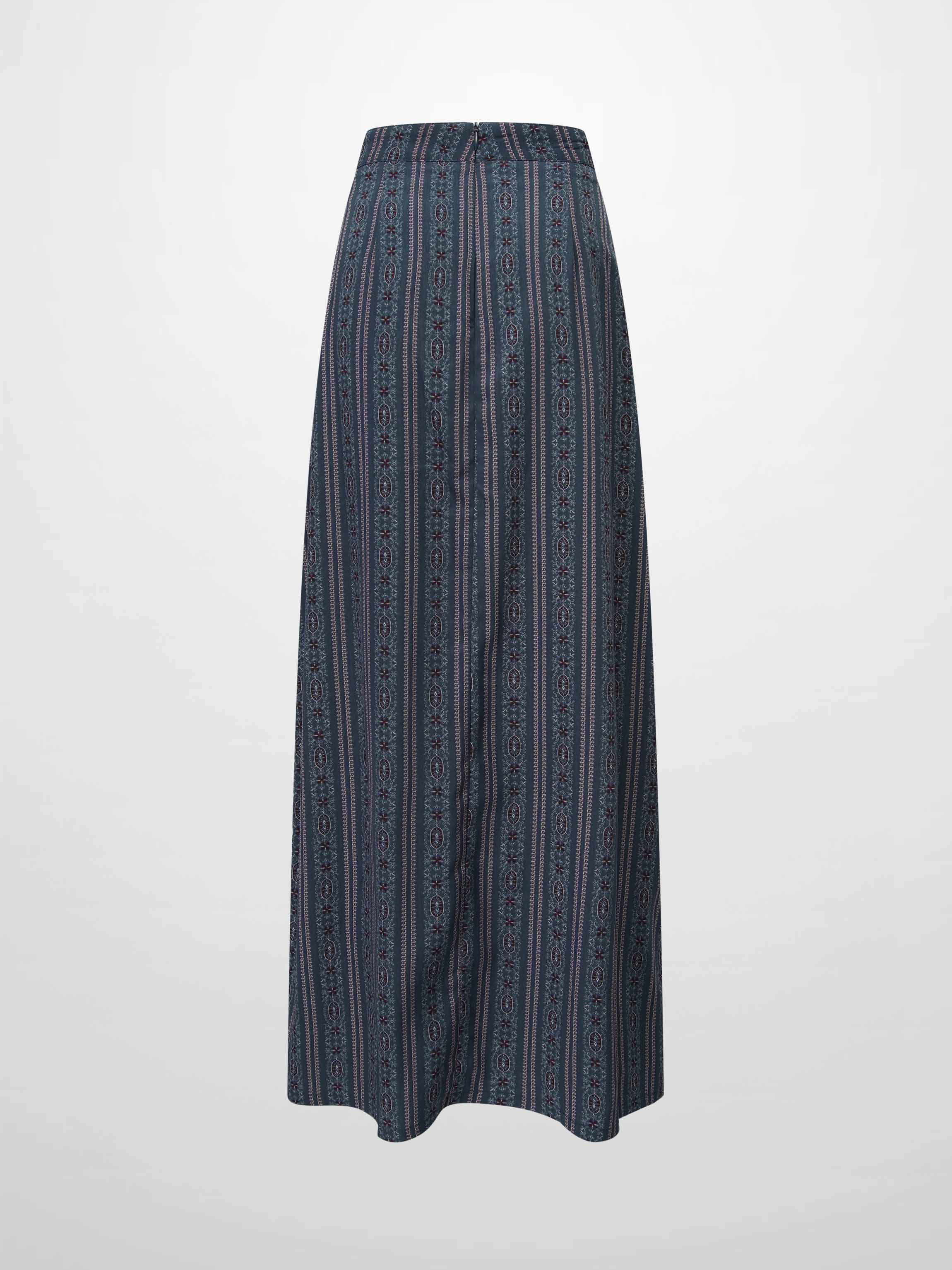 Pleat Bottom Flower Print Skirt-Blue Striped Medallion