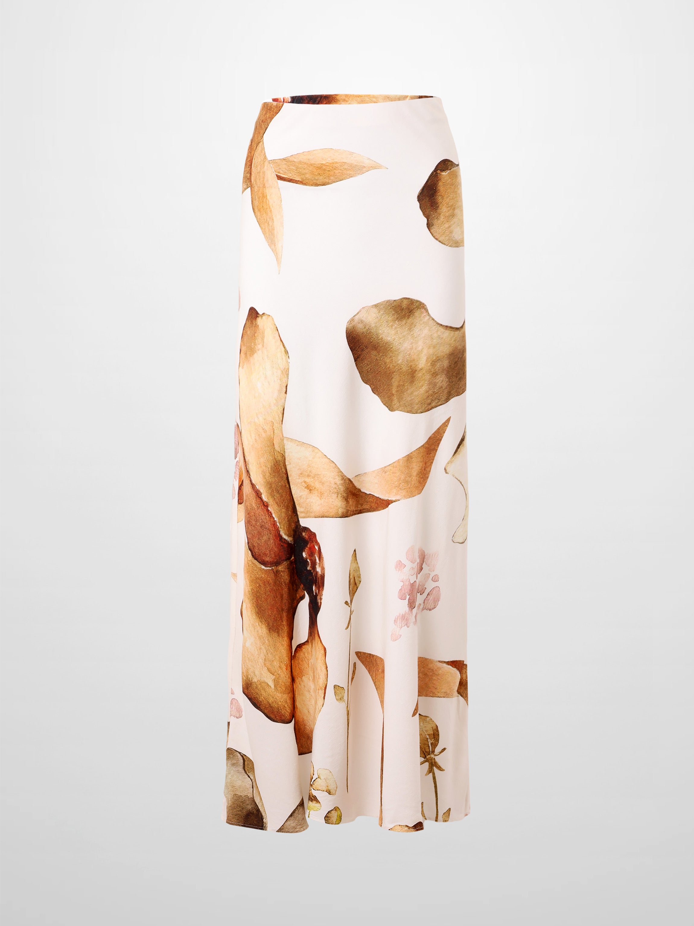 Printed Linen Blend Slip Skirt-Brown Floral