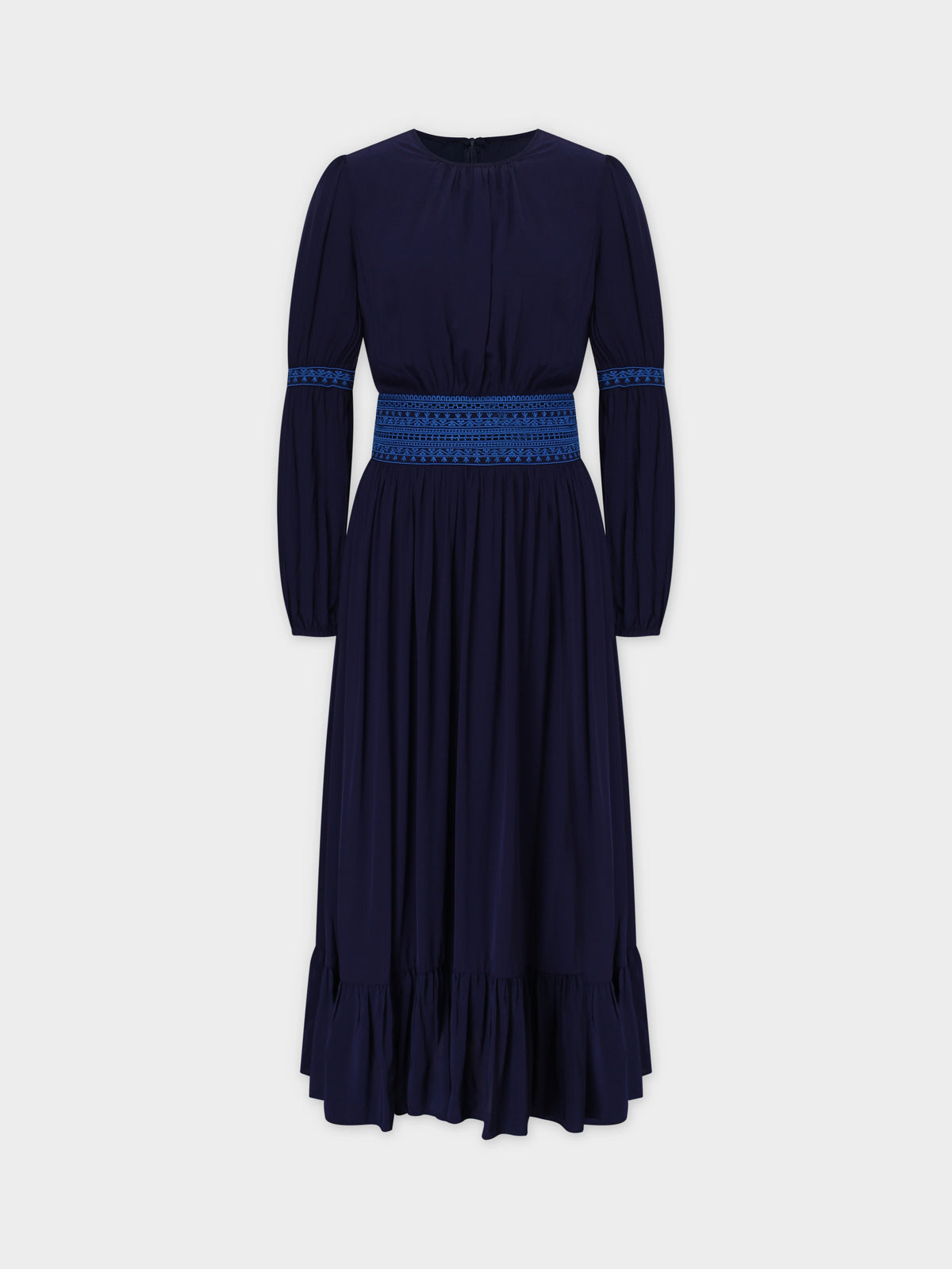 Embroidered Waist Dress-Blue