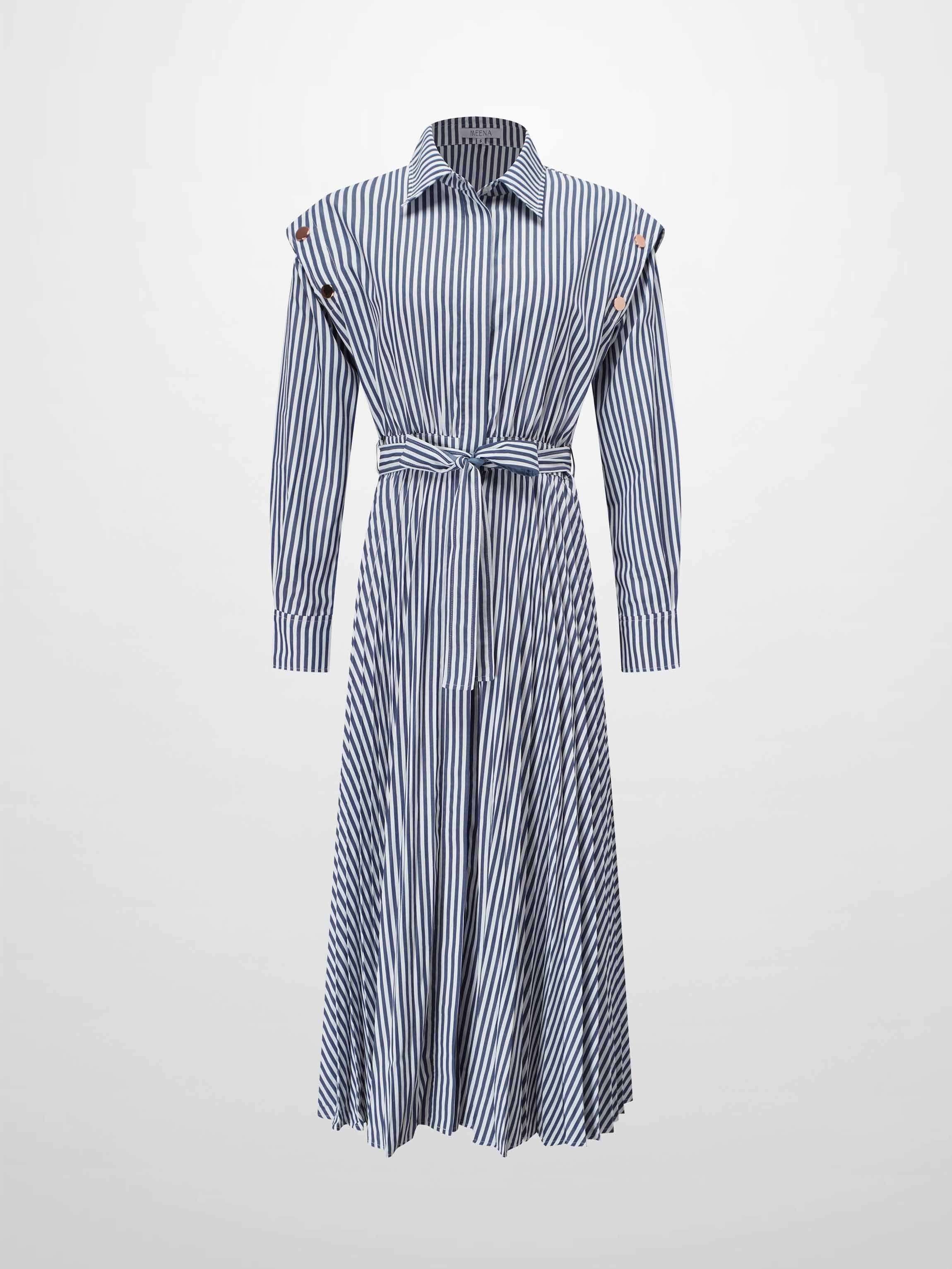 Pleat Bottom Waisted Shirtdress-Navy Pinstripe