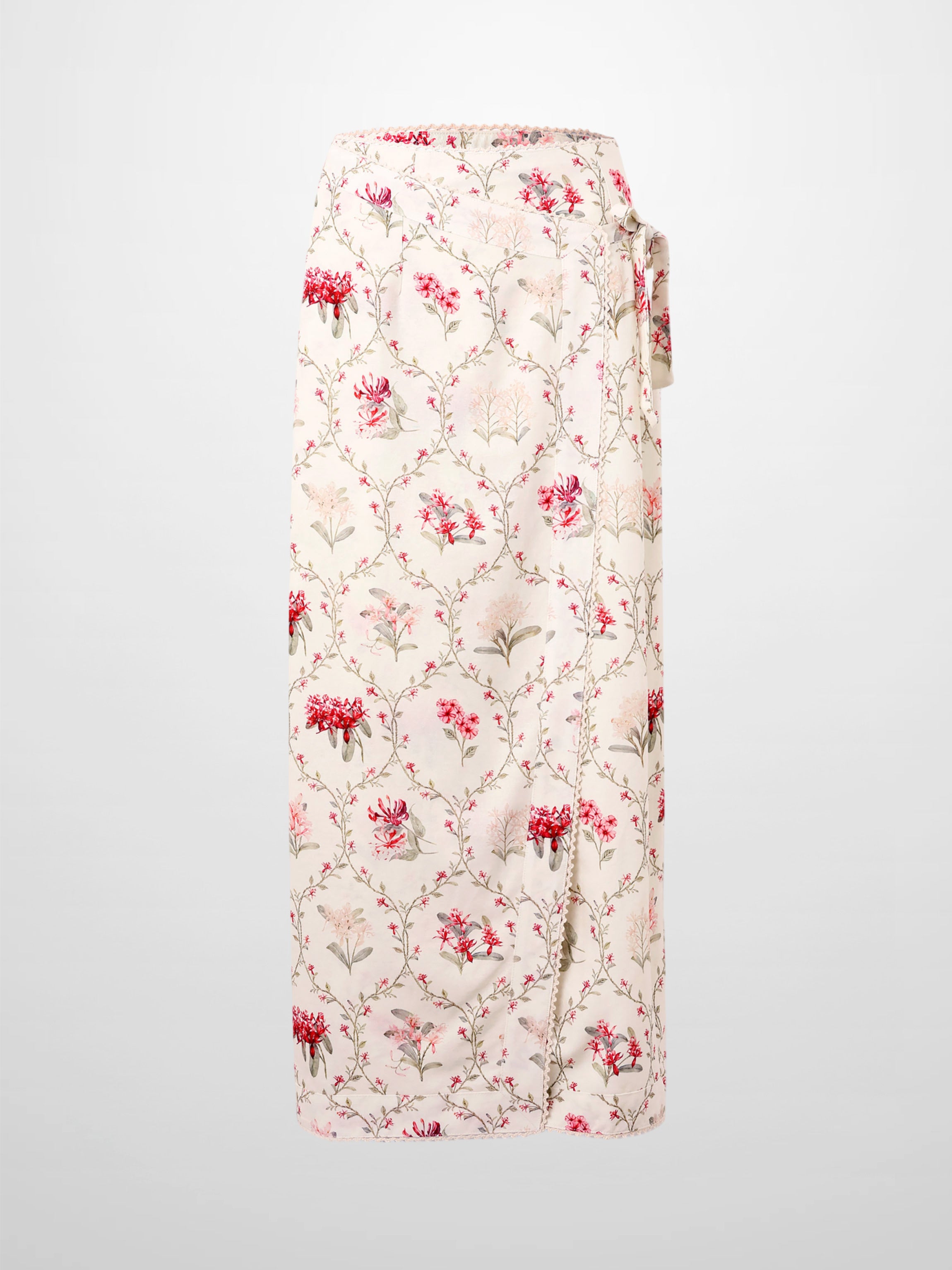 Mock Wrap Edged Detail Skirt-Floral Vines
