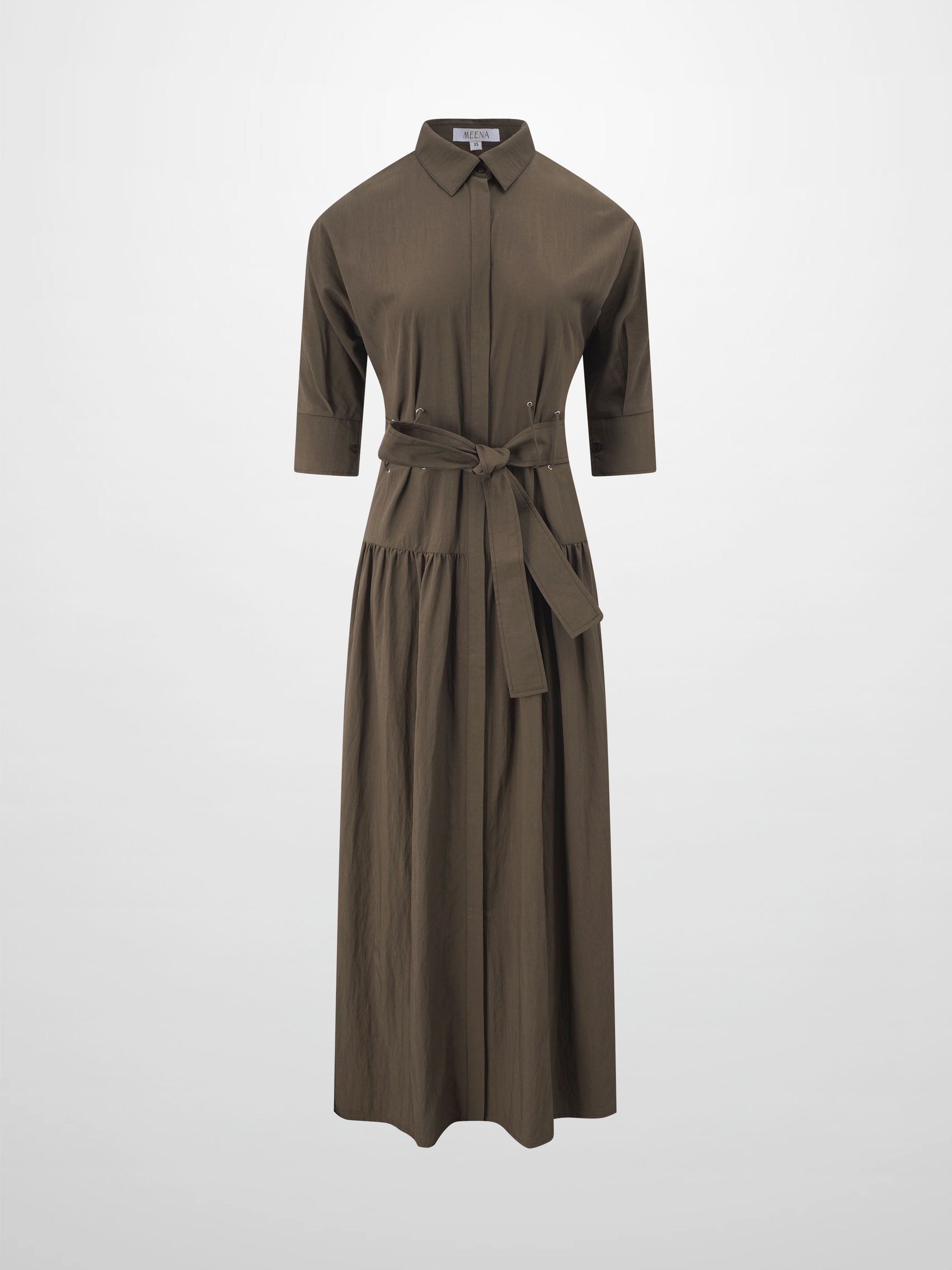 Cotton Yoke Gathered Dress-Brown