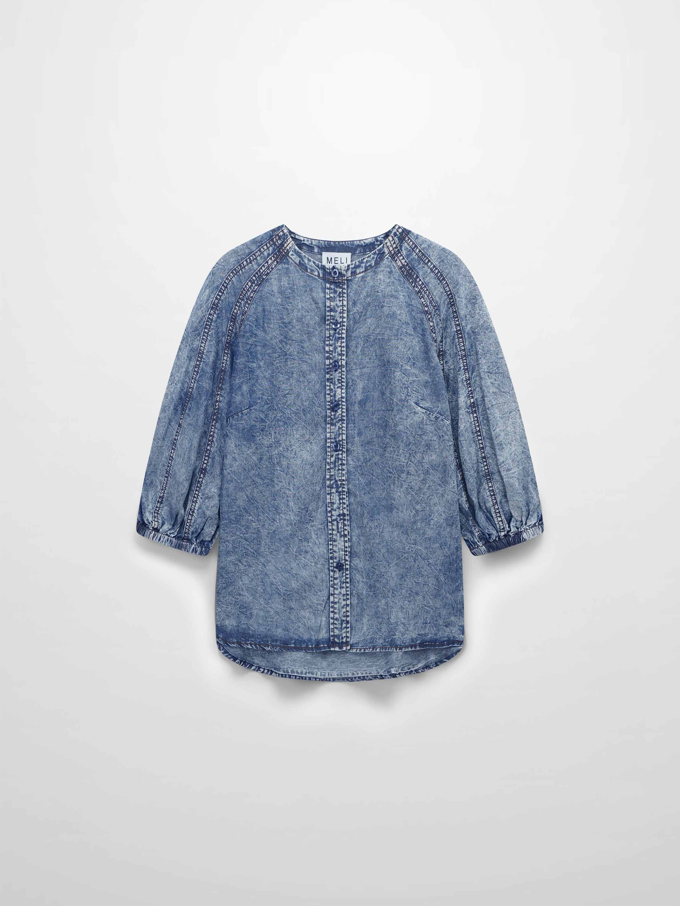 Puff Sleeve Washed Denim Blouse-Blue