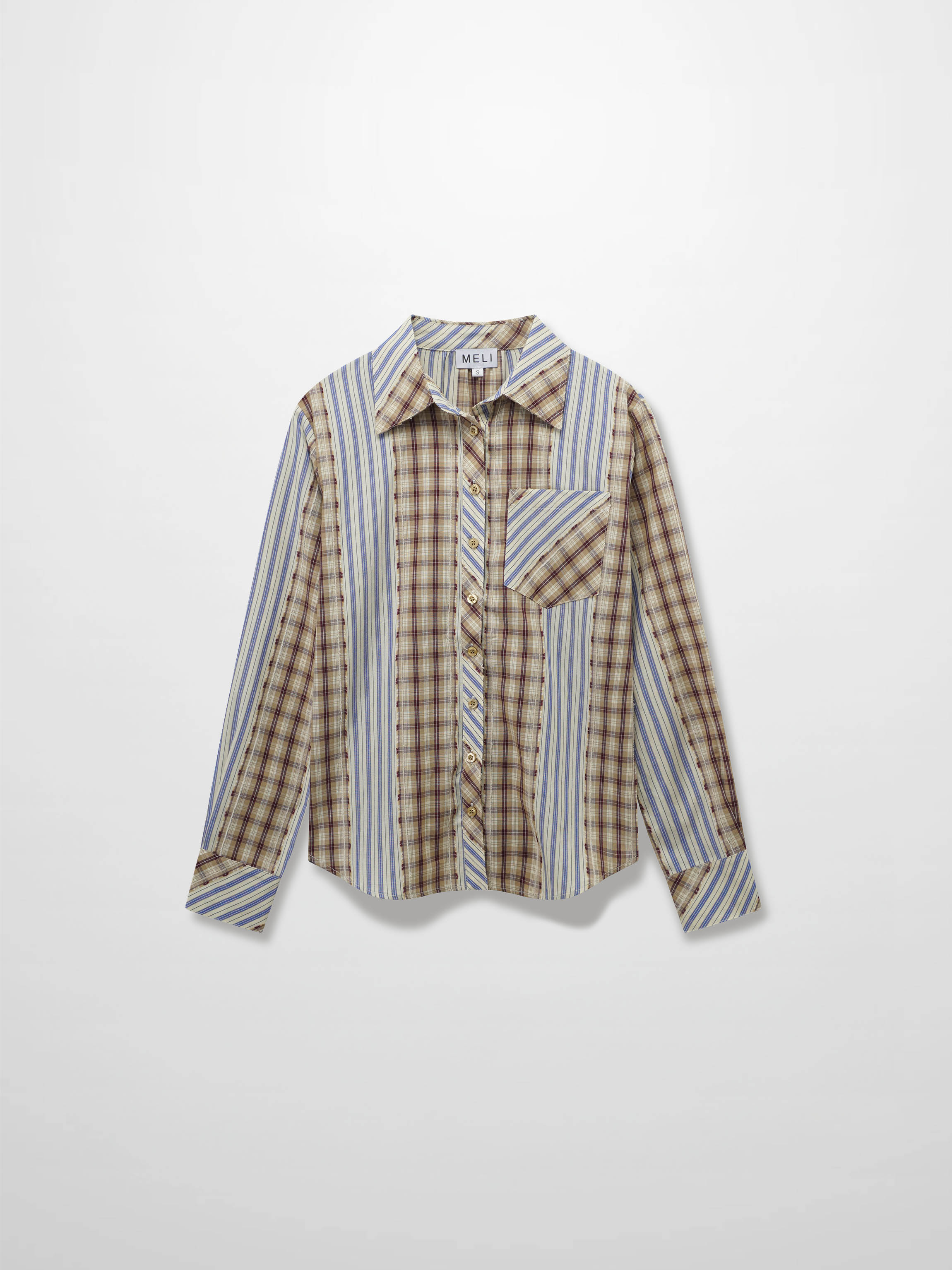 Mix Pinstripe Button Down Shirt-Tan/Blue Mix Media