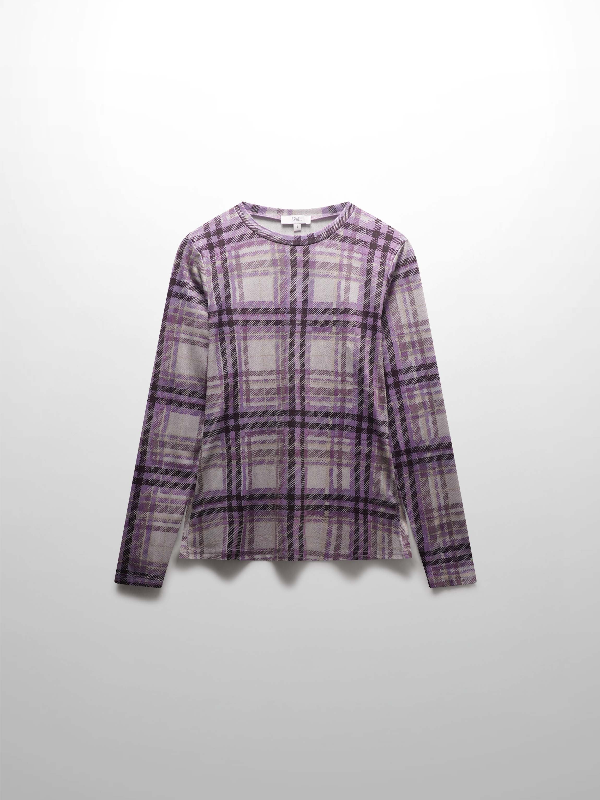 Stretch Printed Crew Top-Lavender Plaid