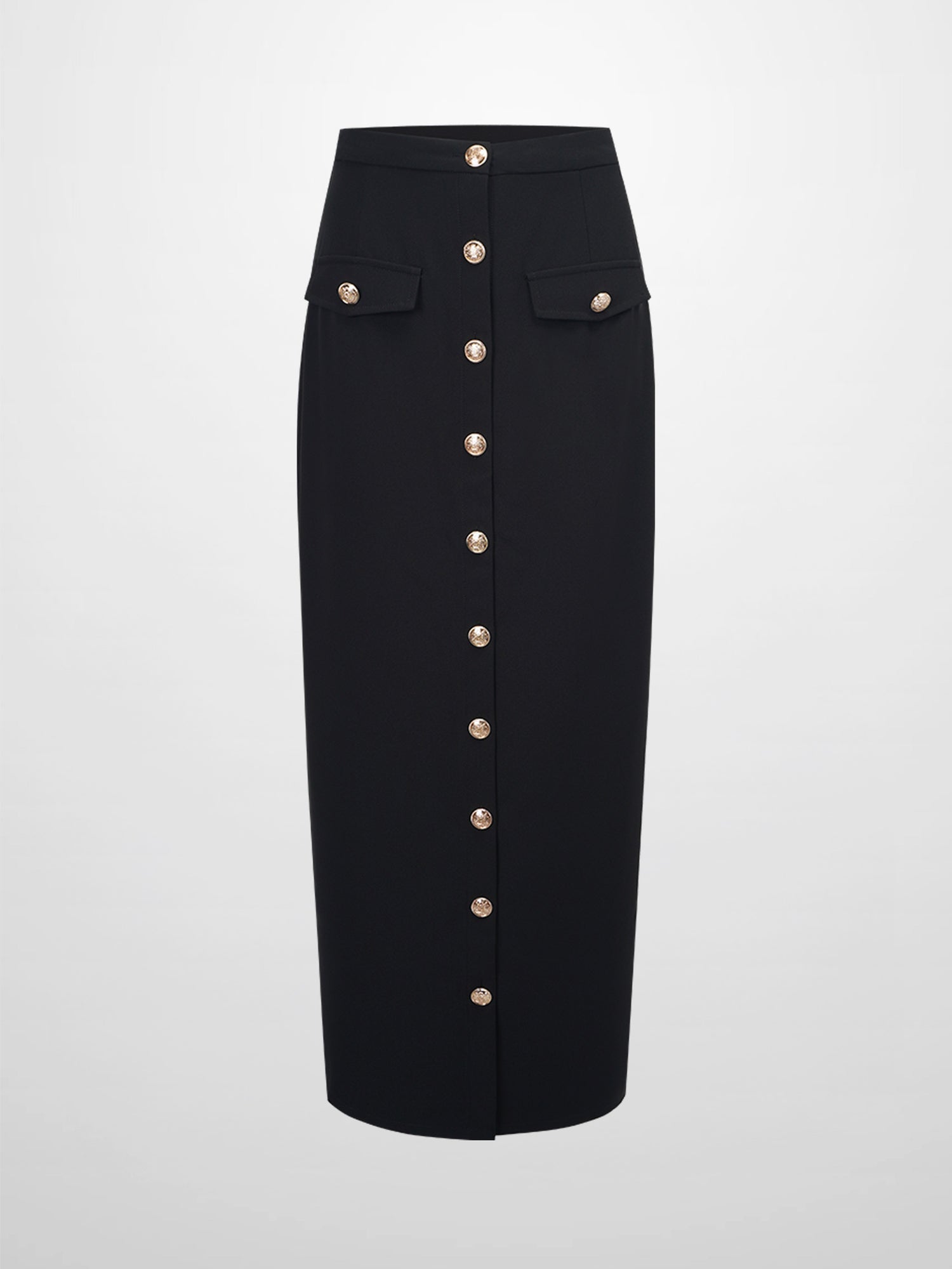 Gold Button Straight Pocket Skirt-Black