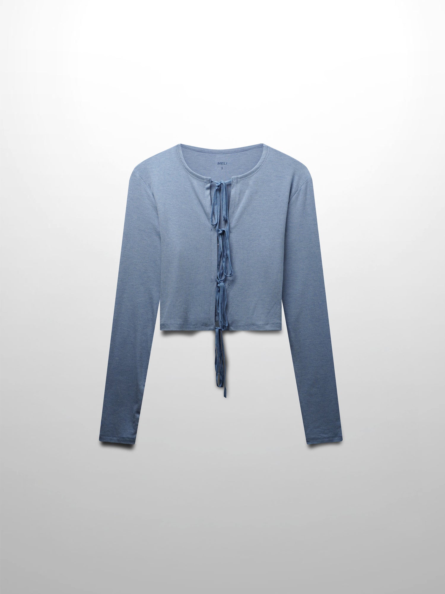 Ribbed Crop Bow Cardigan-Heathered Blue