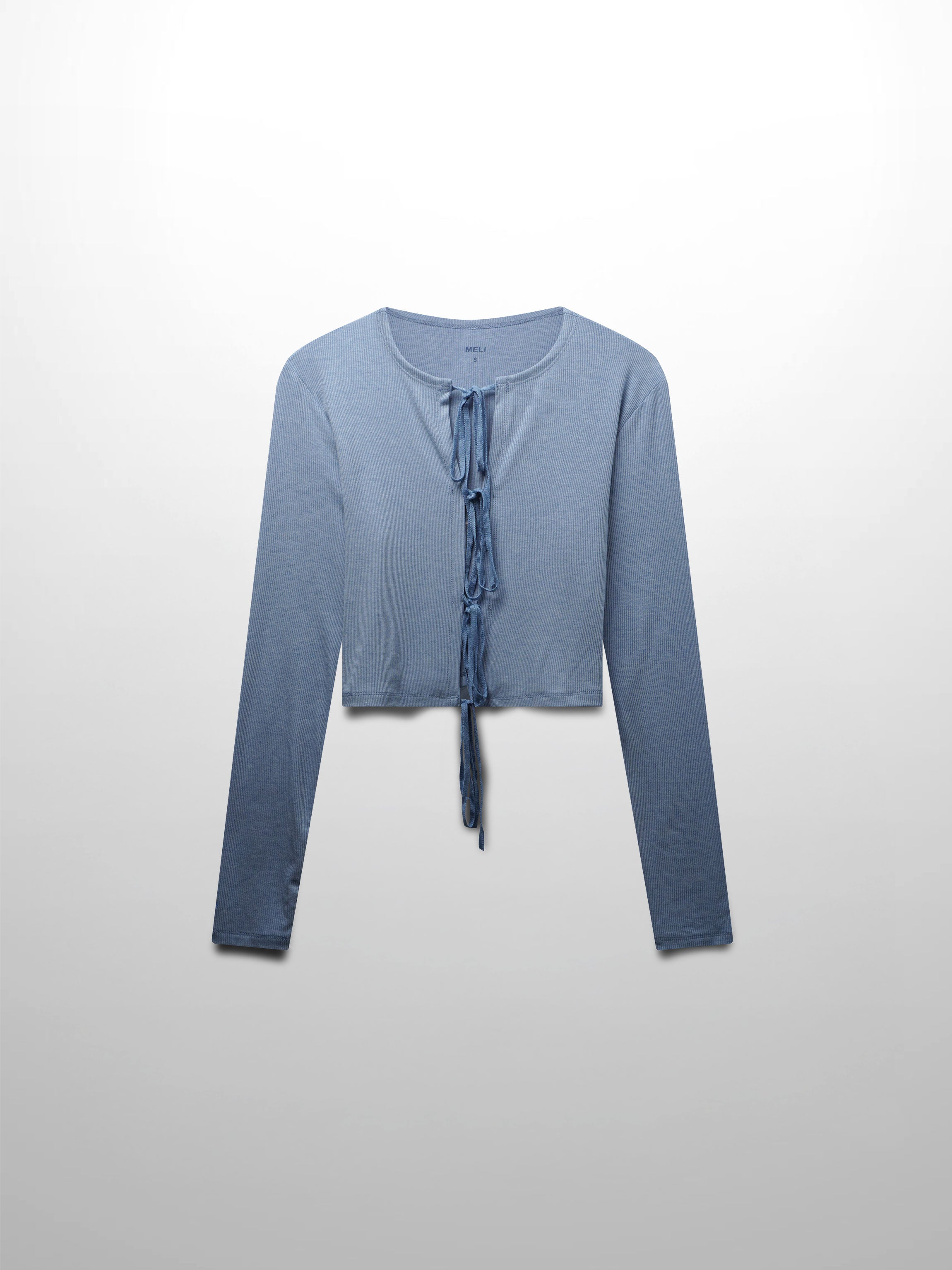 Ribbed Crop Bow Cardigan-Heathered Blue