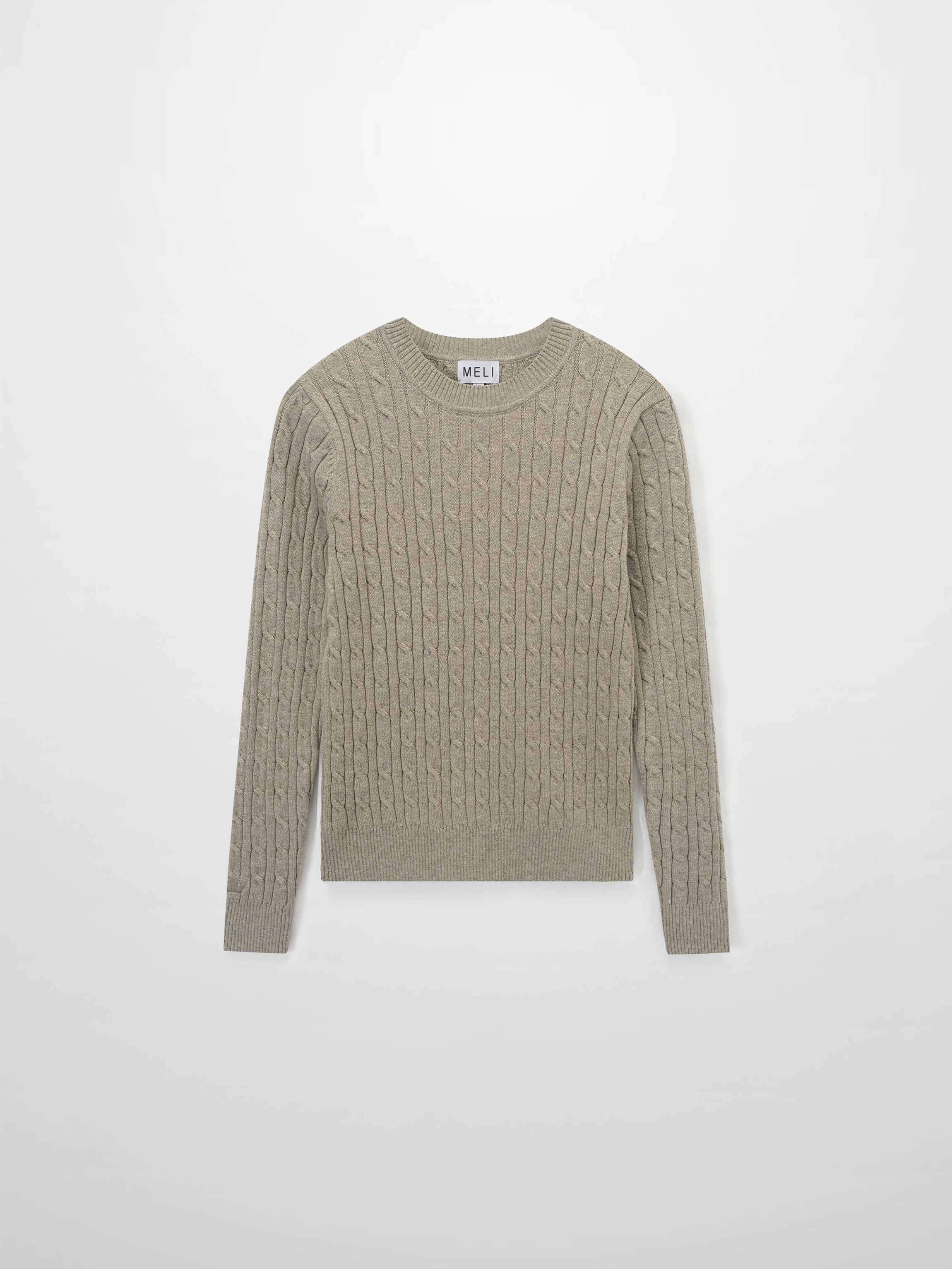 Crew Neck Cable Sweater-Mocha Mousse