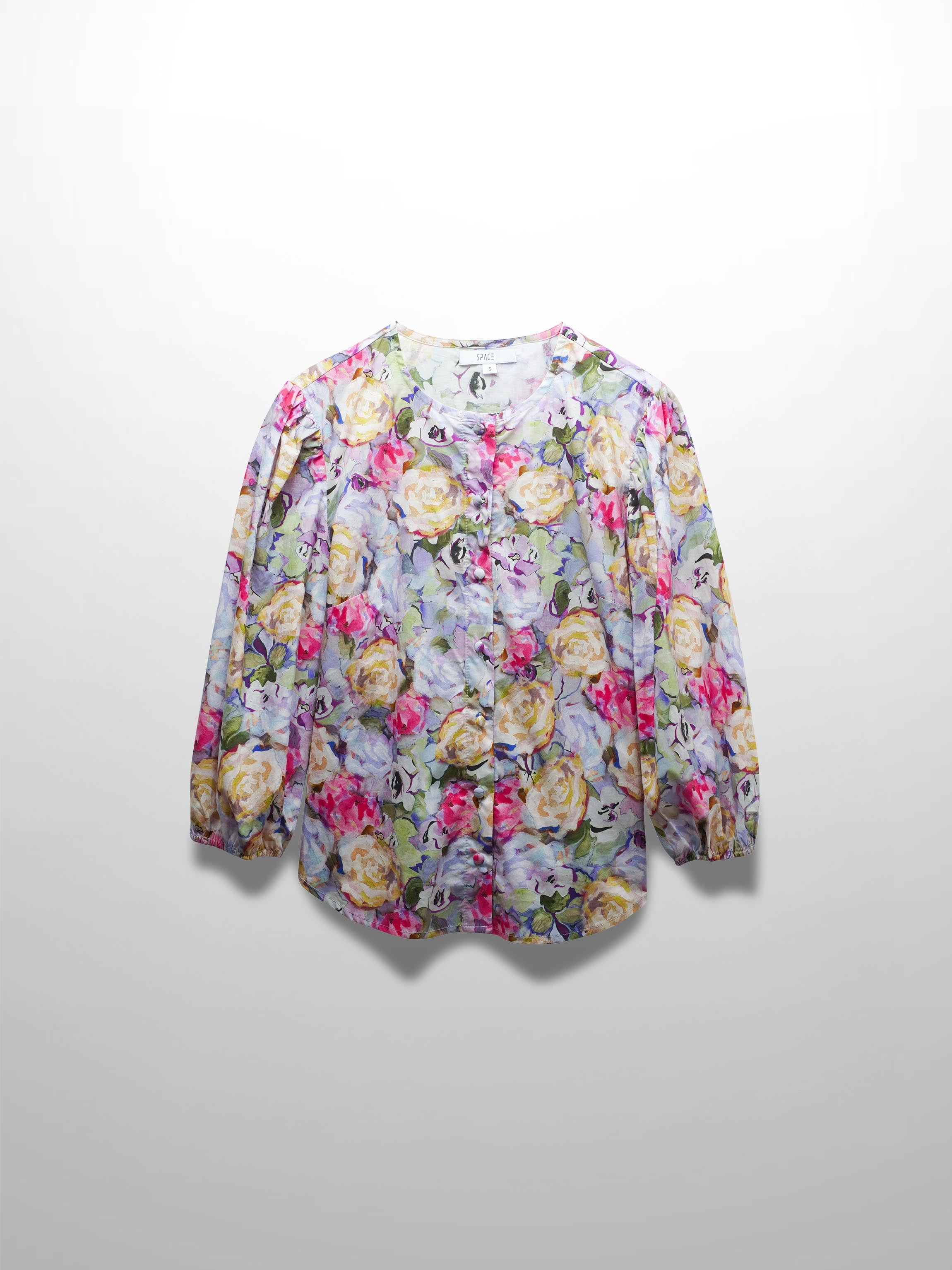 Crew Neck Button Down Blouse-Pink/Purple