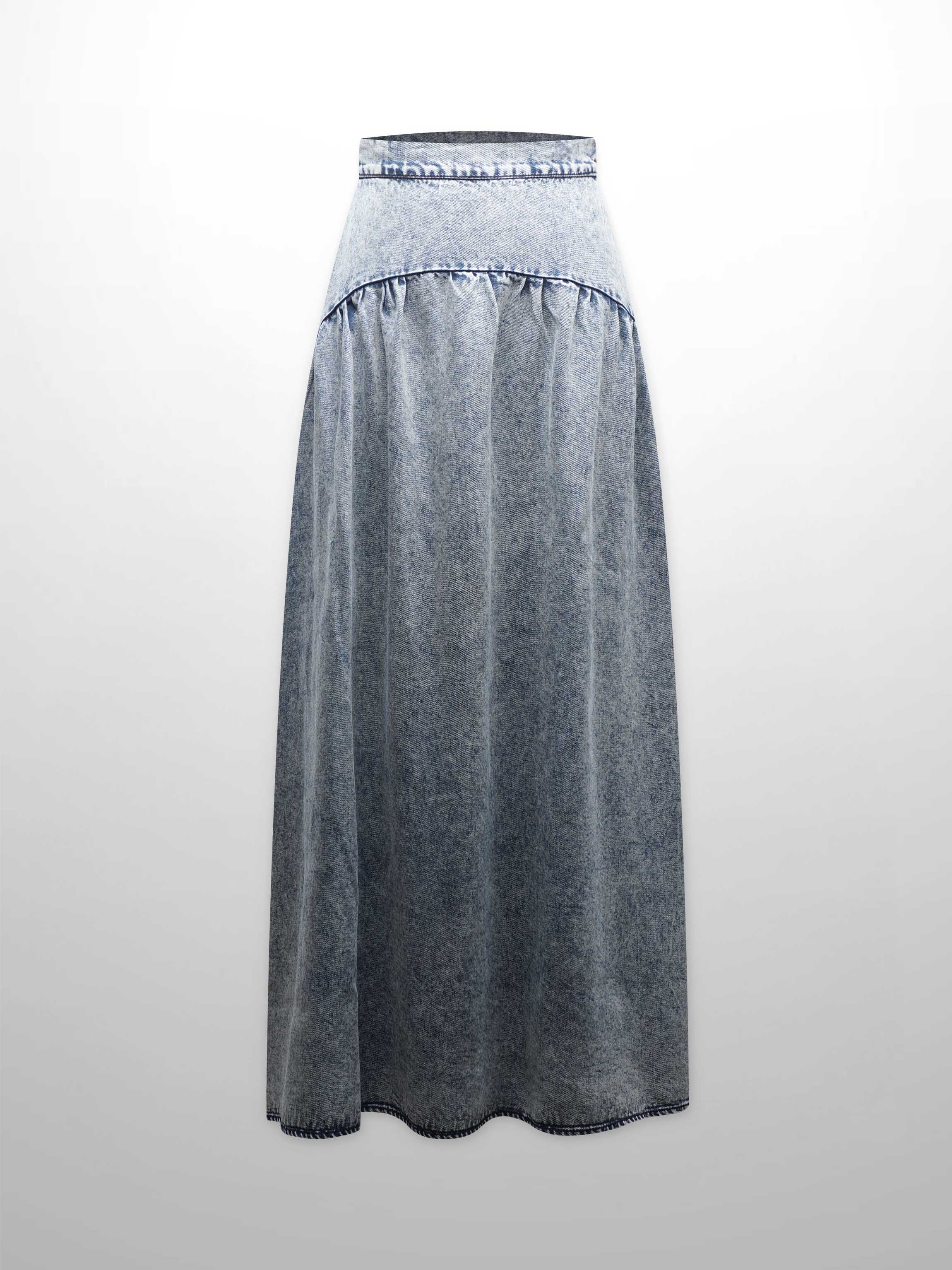 Curved Yoke Washed Denim Skirt 37"-Washed Blue
