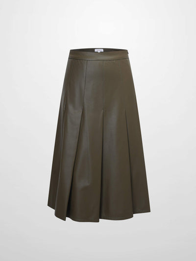 Faux Leather Stitch Down Pleated Skirt-Olive Green