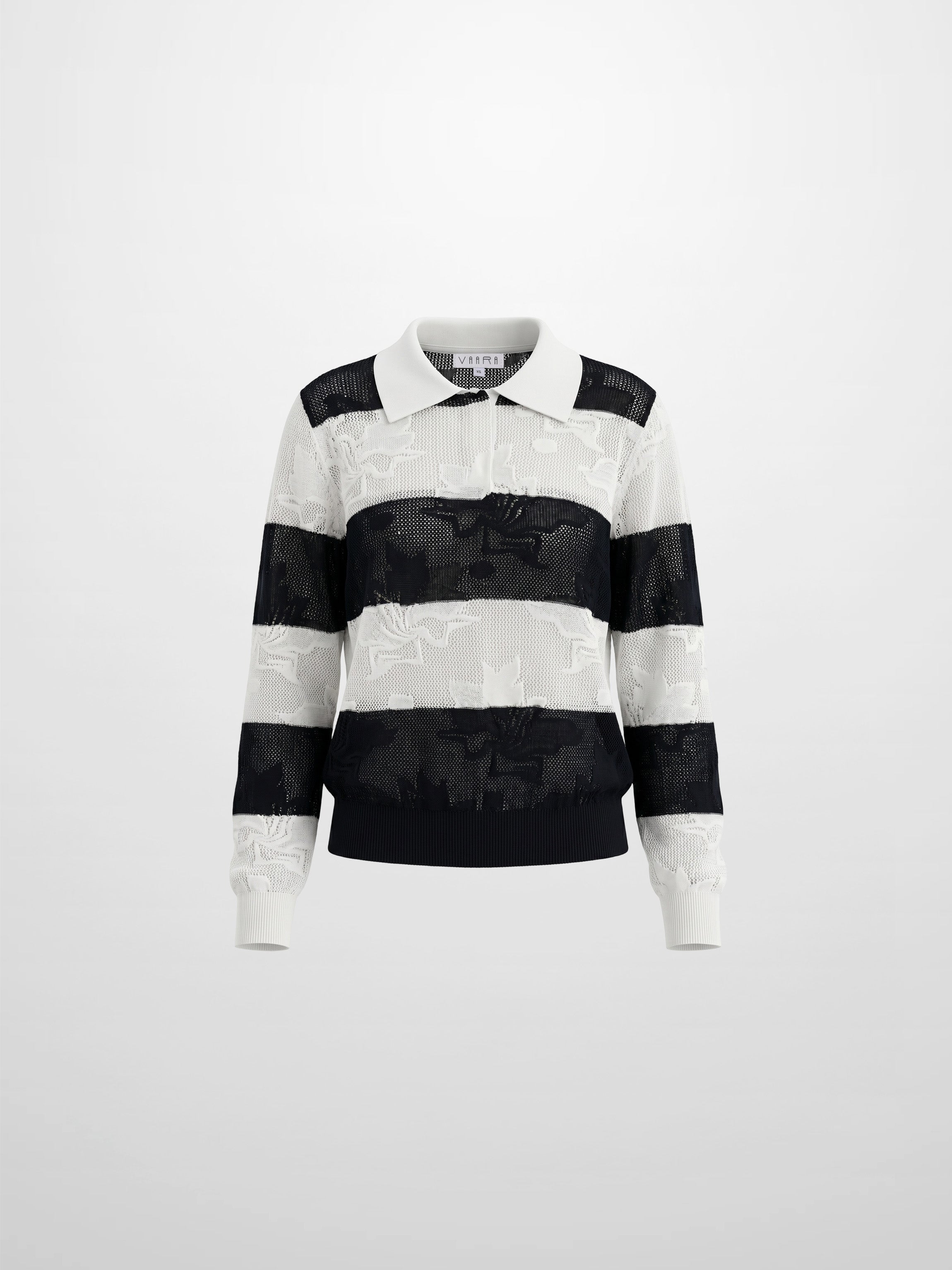 Mesh Floral Polo Top-Black/White Stripe