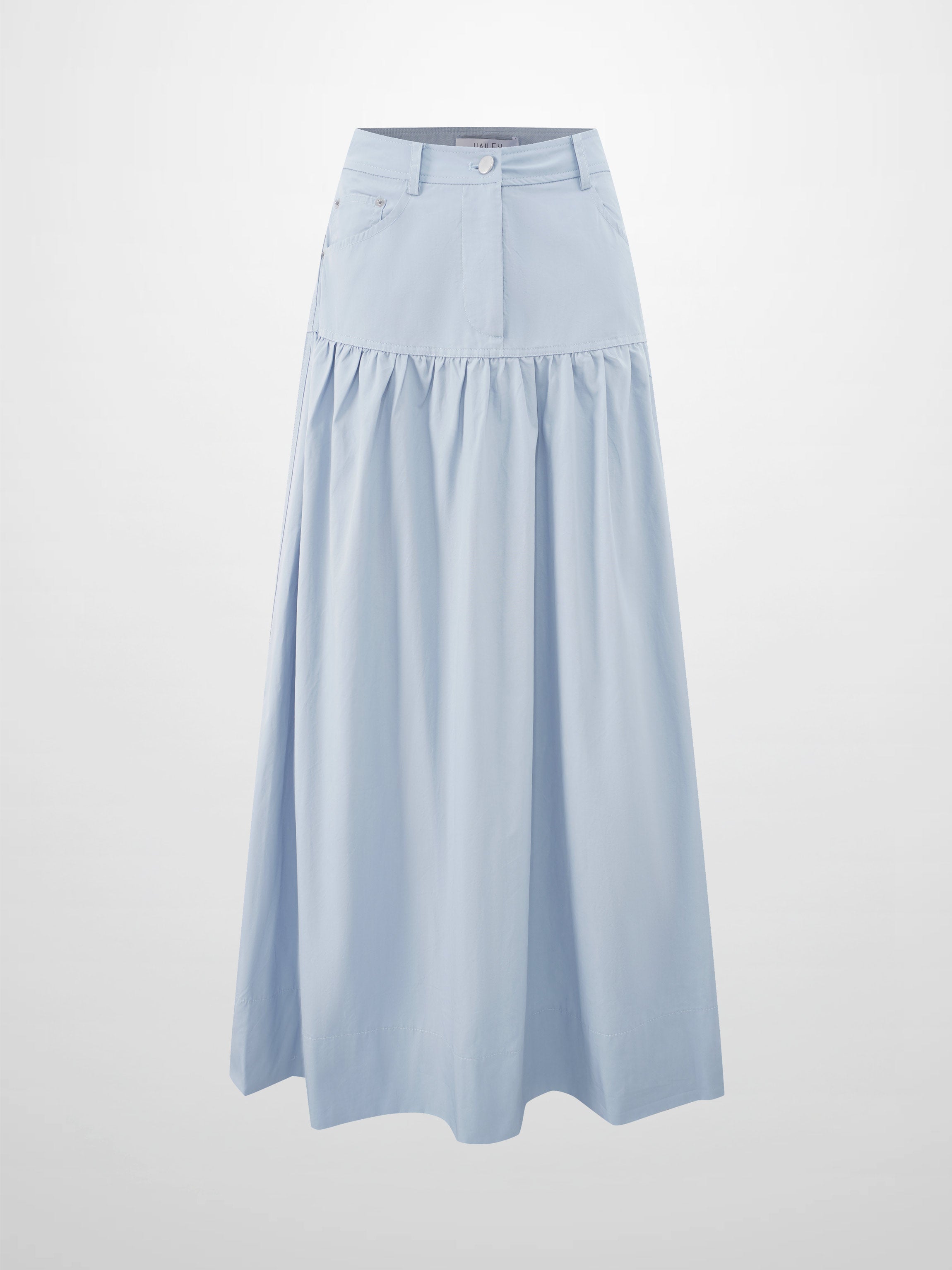 Gathered Drop Waist Yoke Skirt-Light Blue