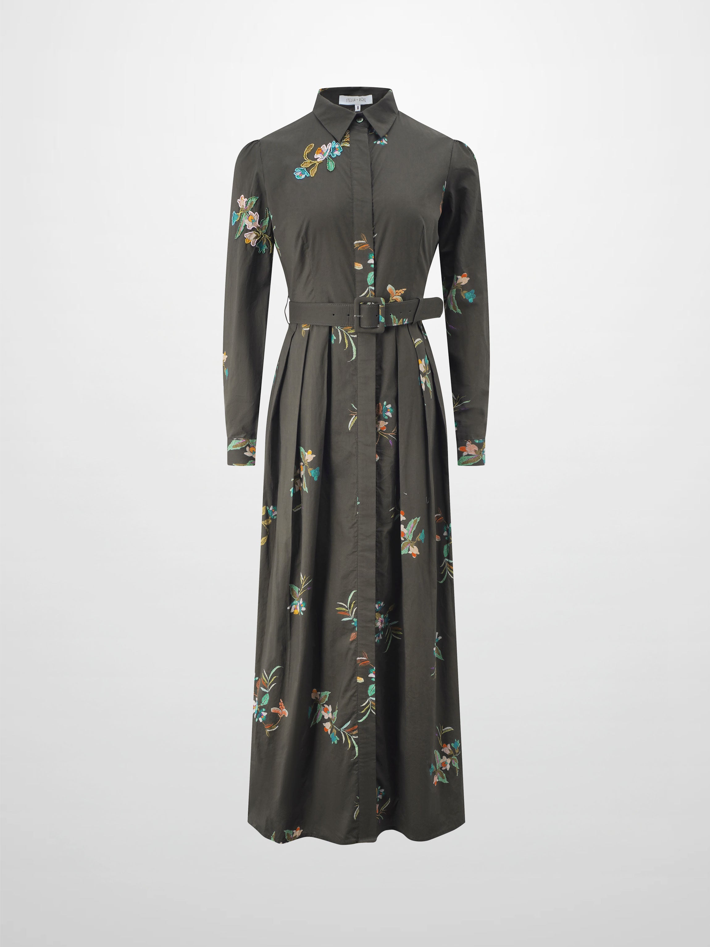 Belted Pleated Bottom Shirtdress-Beaded Floral