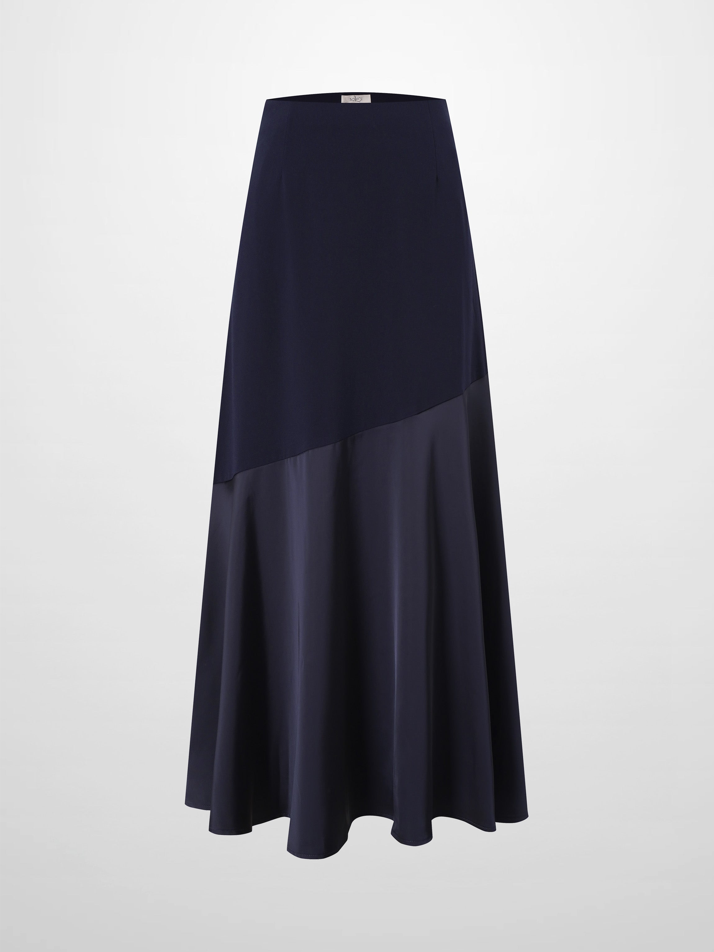 Faux Satin Bottom Flare Skirt-Navy
