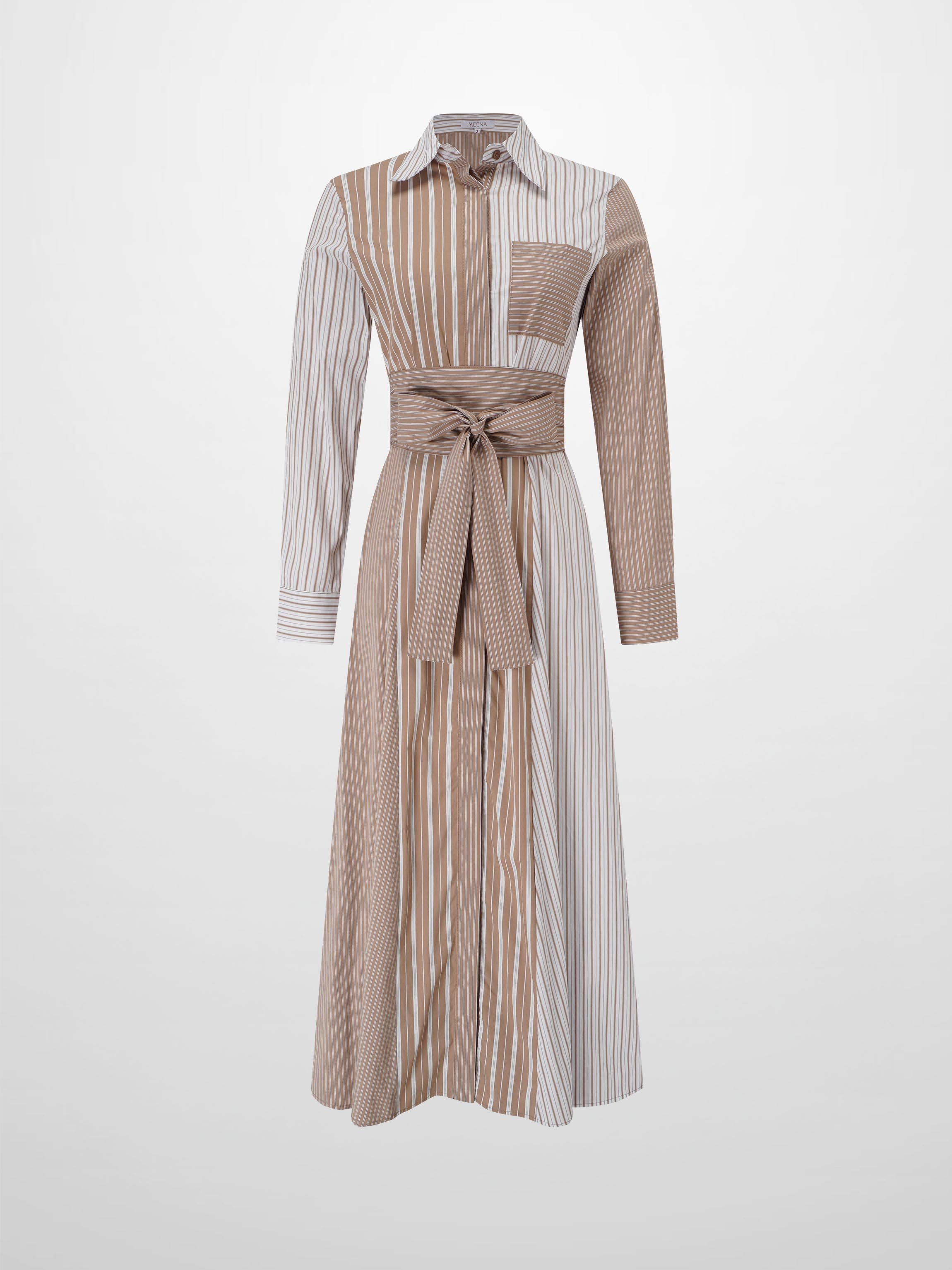 Mixed Pinstripe Belted Shirtdress-Tan