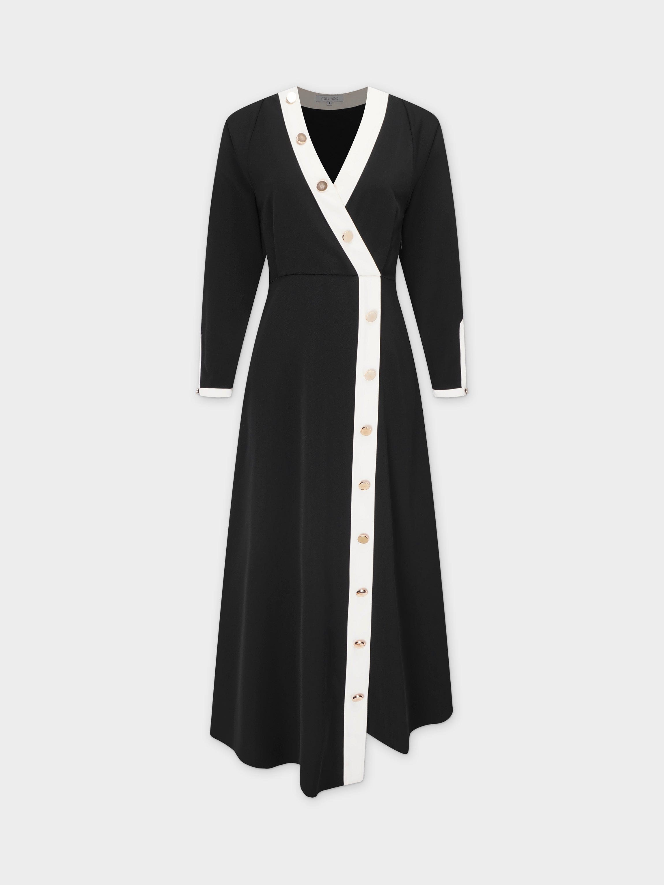 dark cream dress Women's Black and White Contrast Trim Maxi Dress with Button Detailing - Size 2