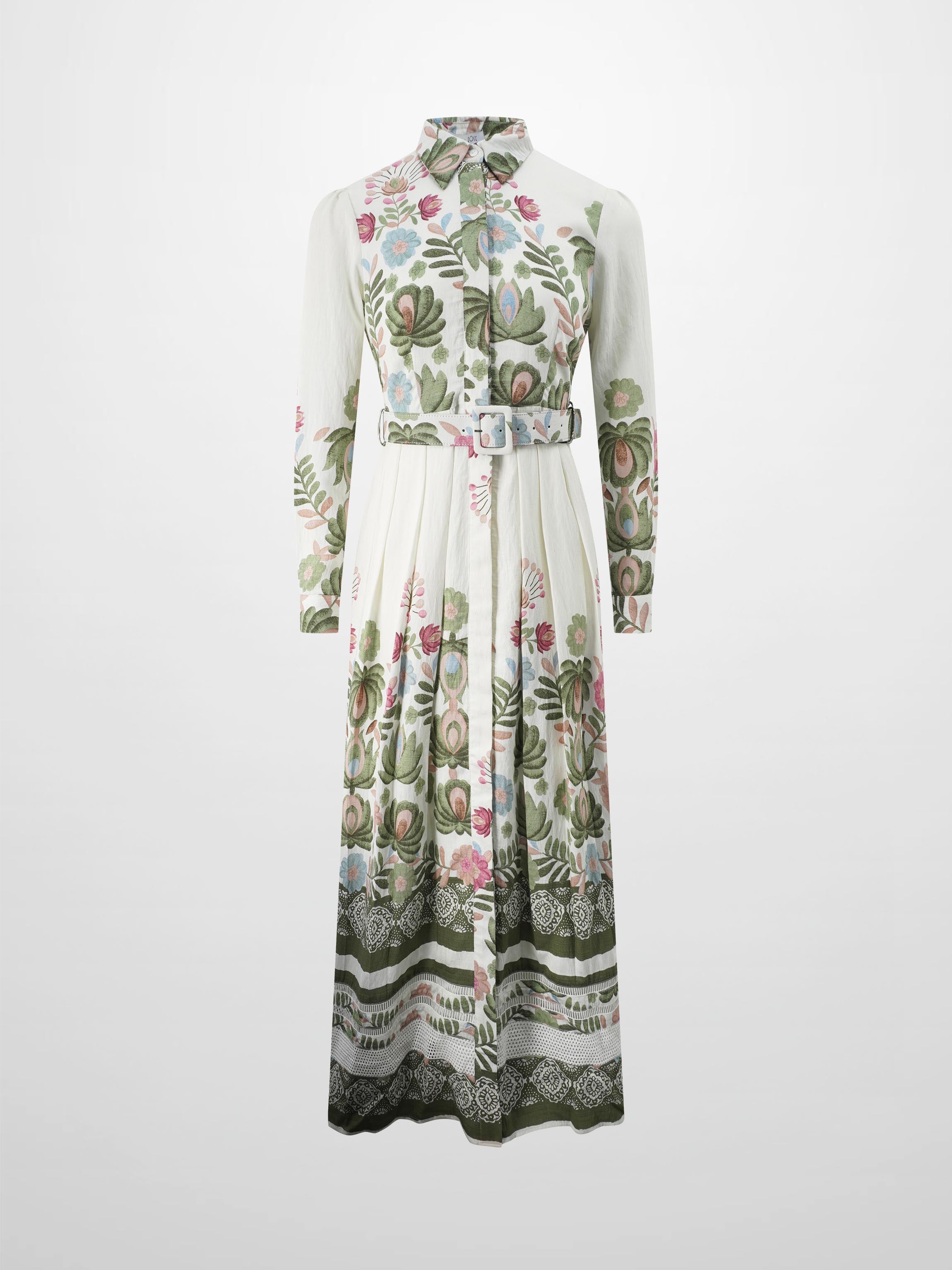 Belted Pleated Bottom Shirtdress-Floral Design