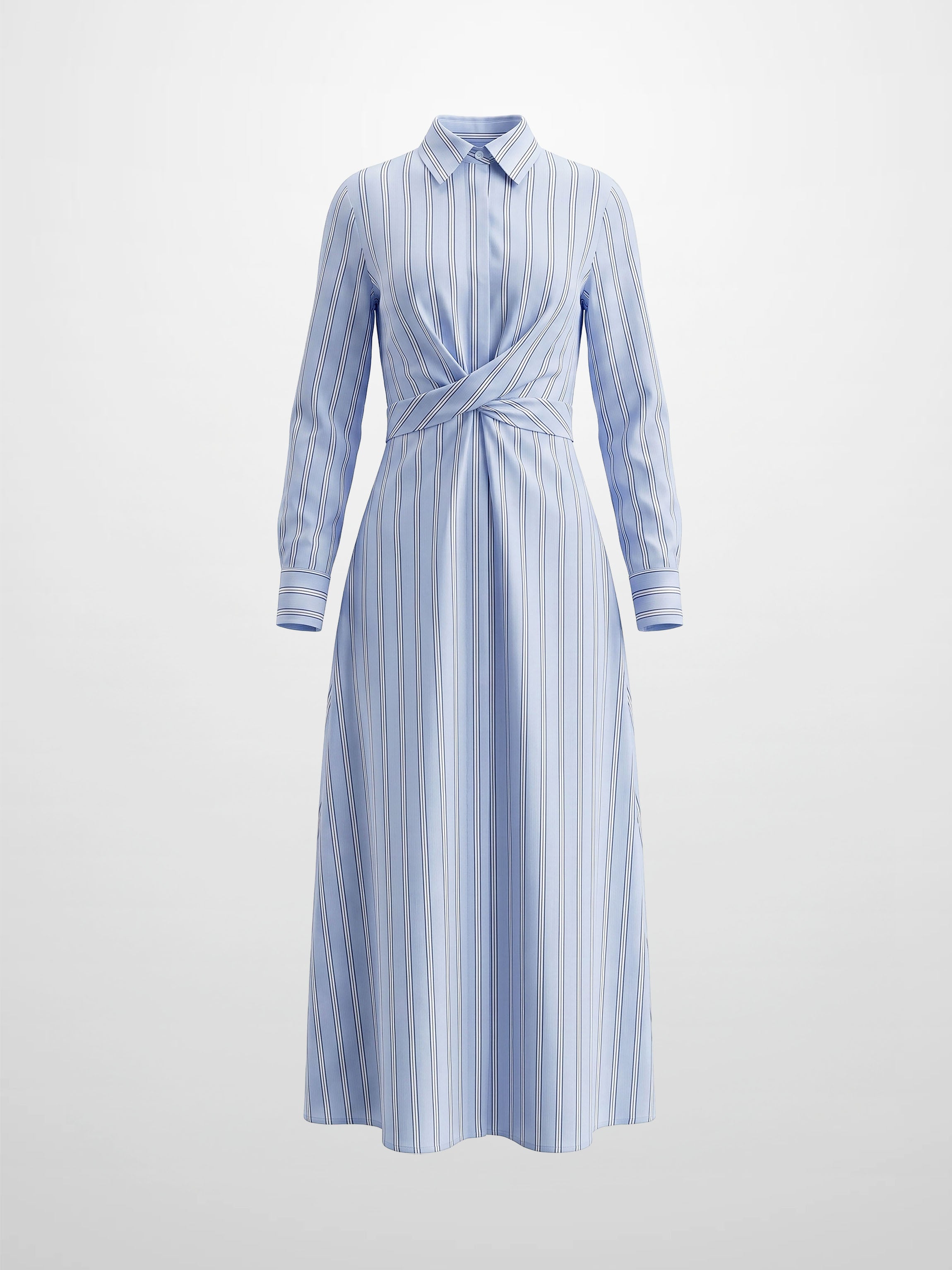 Pinstripe Tie Front Shirtdress-Light Blue Stripe