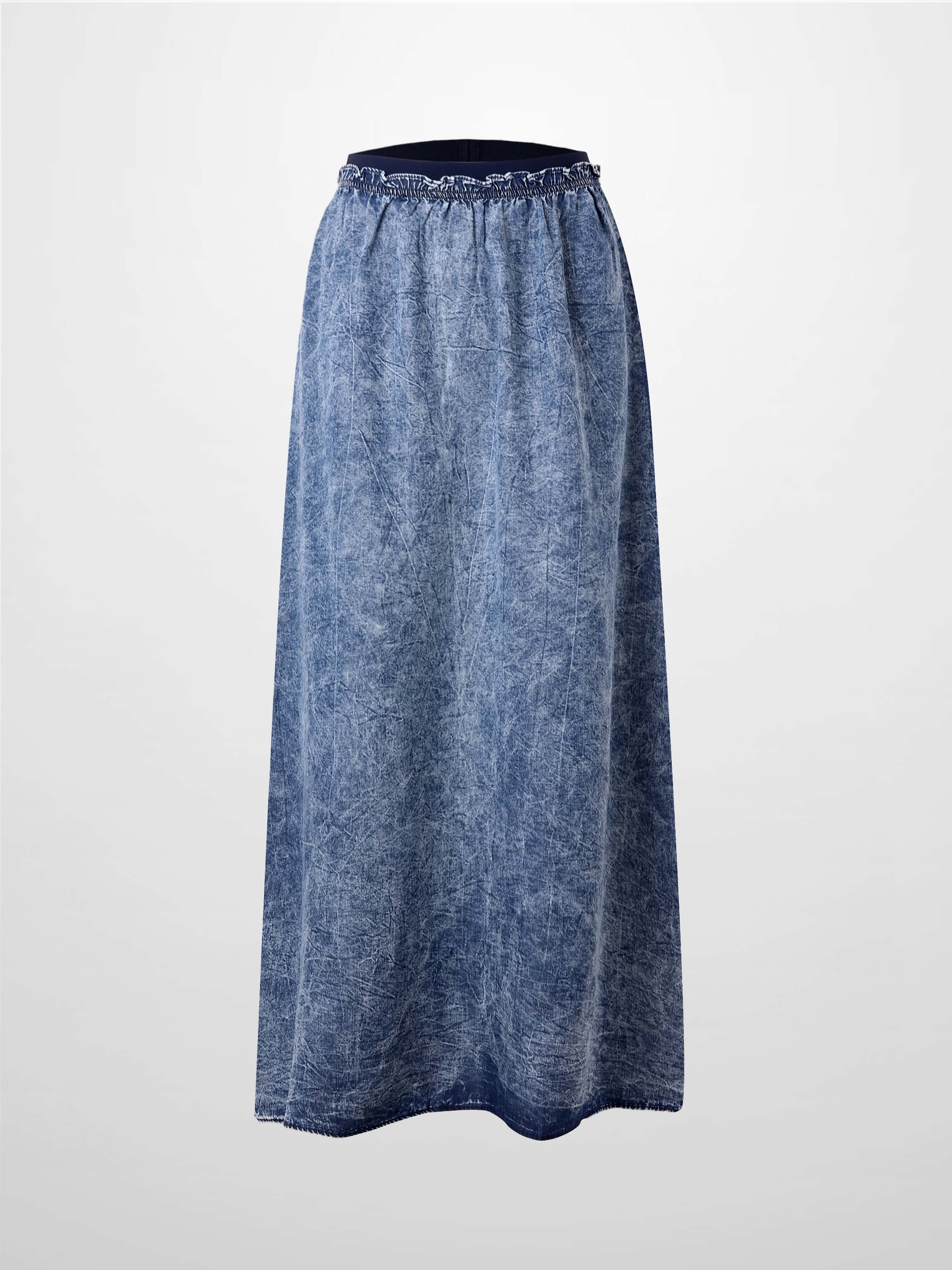 Elastic Ruffle Waist Denim Skirt-Blue Wash