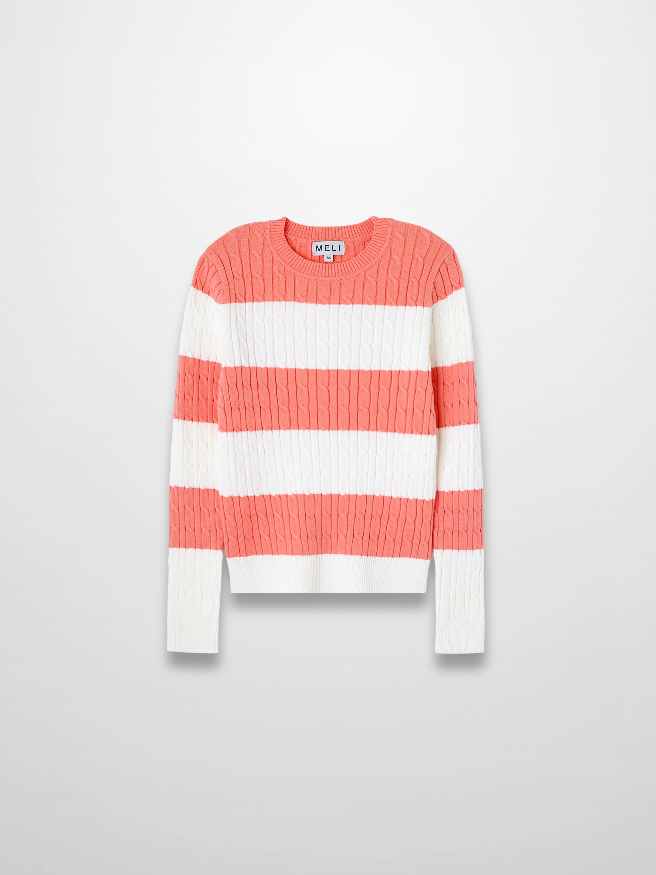 Striped Cable Sweater-Coral/White