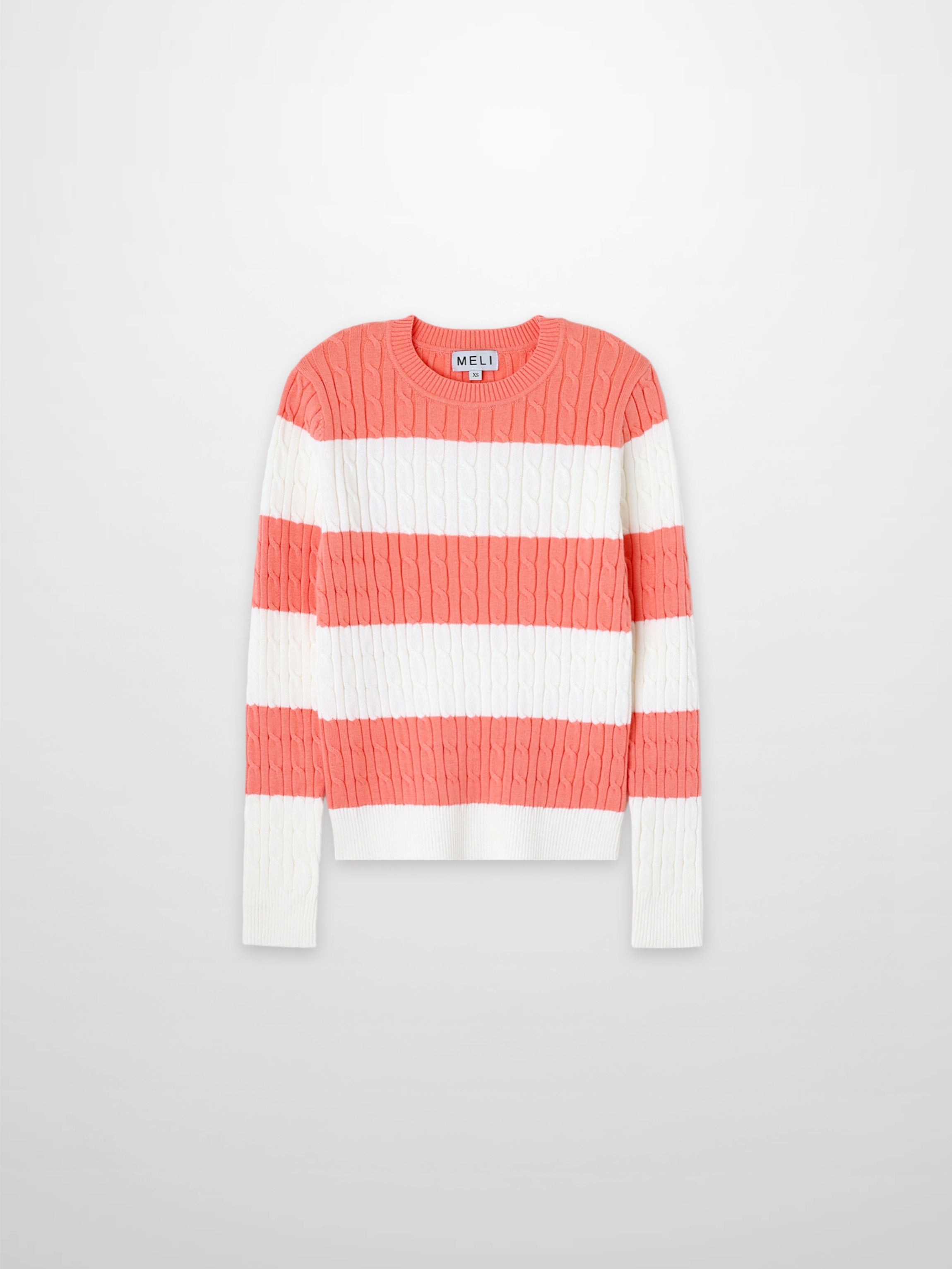 Striped Cable Sweater-Coral/White