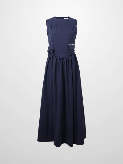 V Gathered Waist Jumper-Navy
