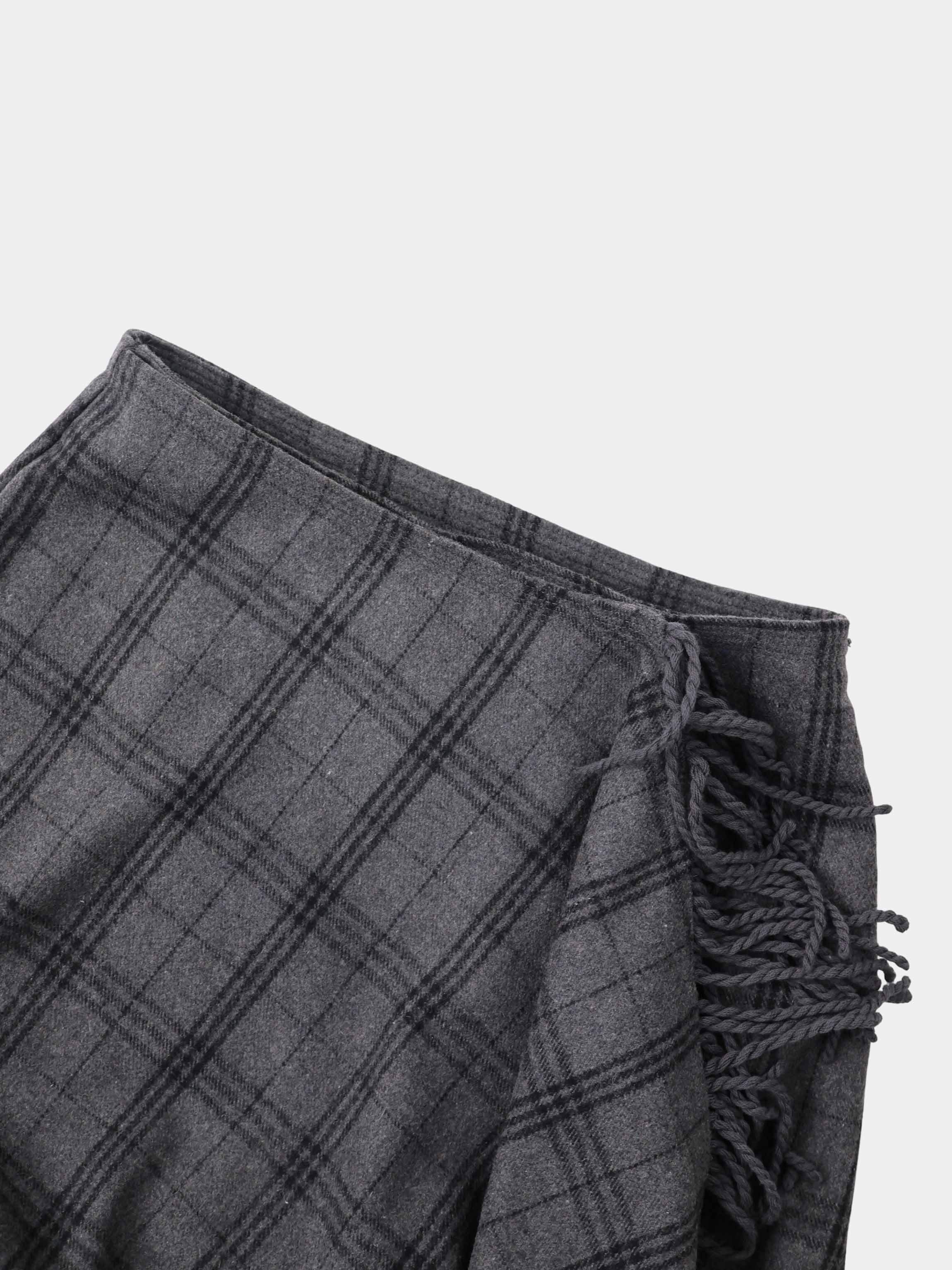 Tassel Mock Wrap Skirt - Grey Plaid