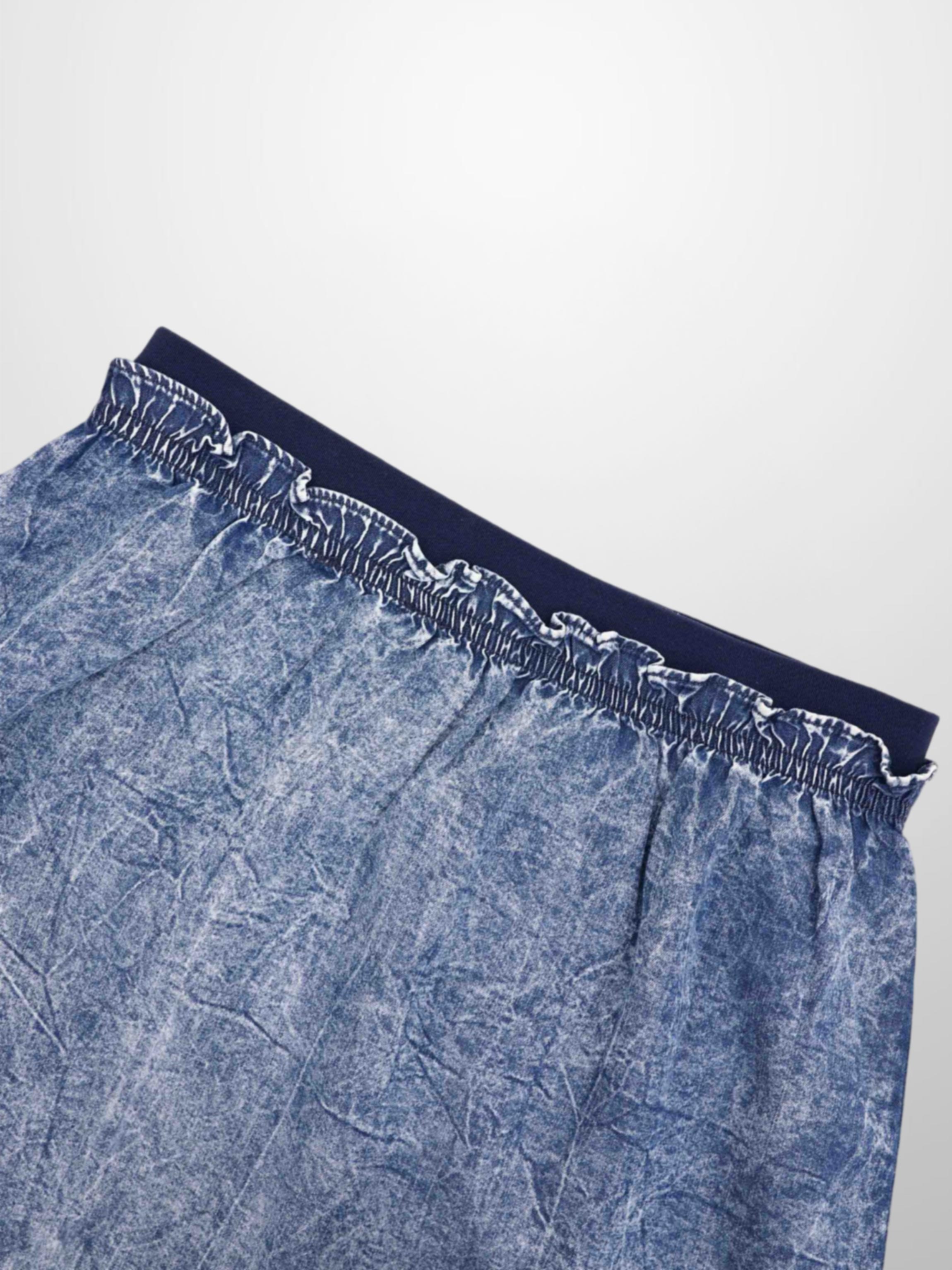 Elastic Ruffle Waist Denim Skirt-Blue Wash